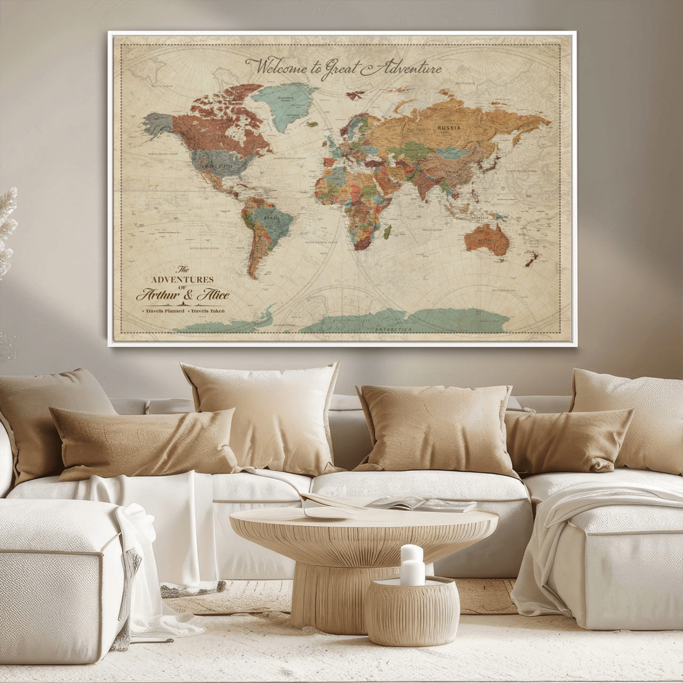 43497401-MGV-CV-36X24-Personalized World Map Wall Art – Vintage Rustic Adventure Travel Map with Custom Couple Names, Welcome to Great Adventure Wall