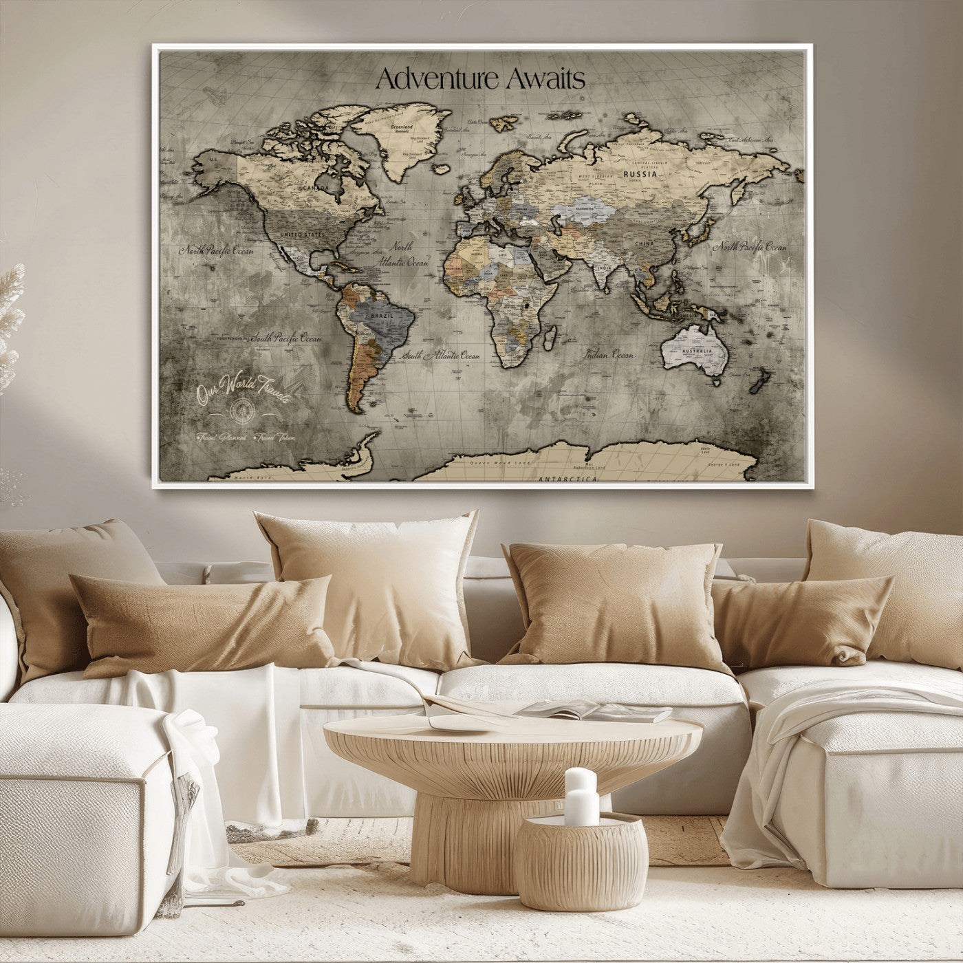 72658967-MGV-CV-36X24-Personalized World Map Wall Art – Adventure Awaits Rustic Sepia Travel Map with Custom Names, Vintage Wall Decor for Couples, Home