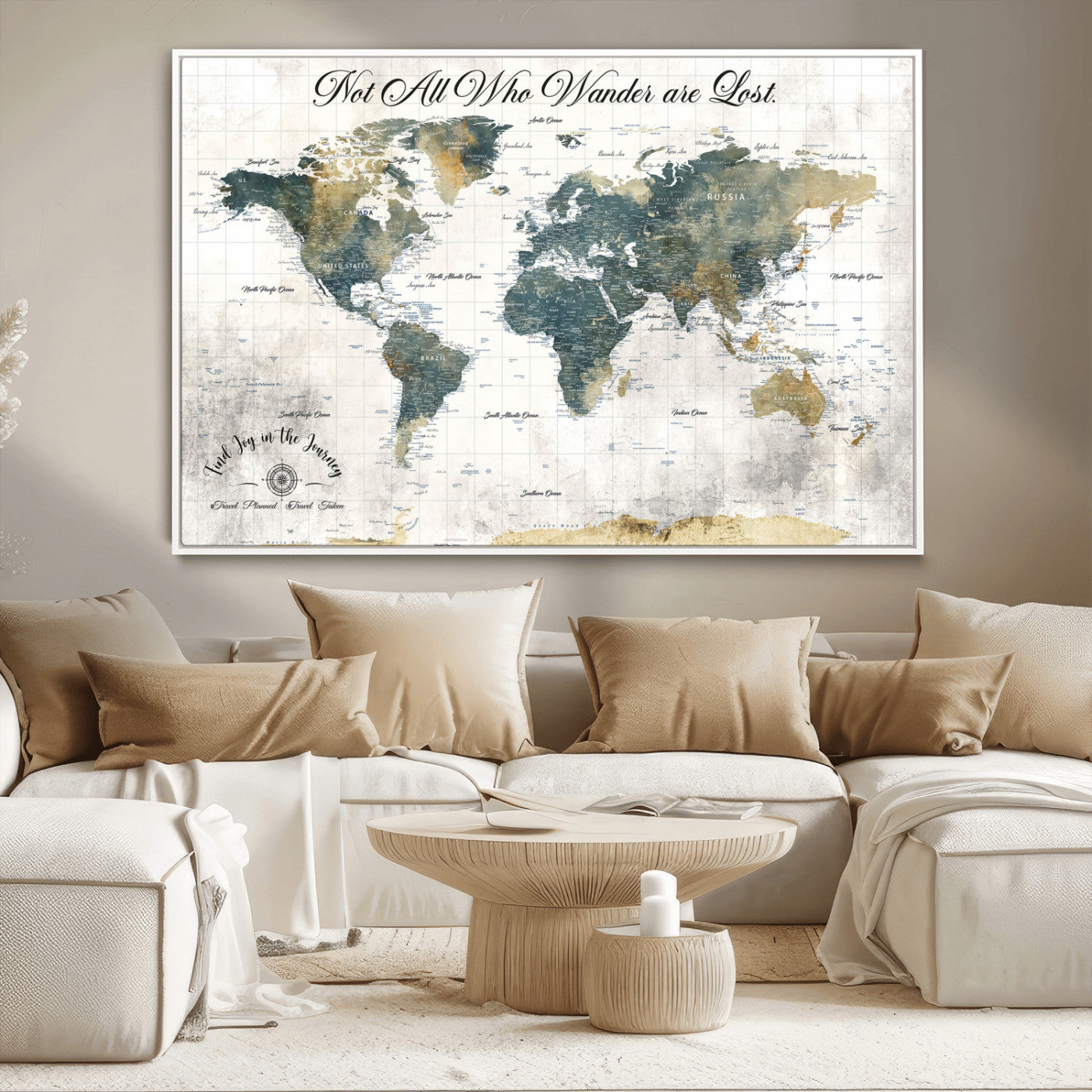 16233493-MGV-CV-36X24-Personalized World Map Wall Art – Rustic Blue Green Wanderlust Travel Map with Custom Couple Names, Vintage Wall Decor for Home