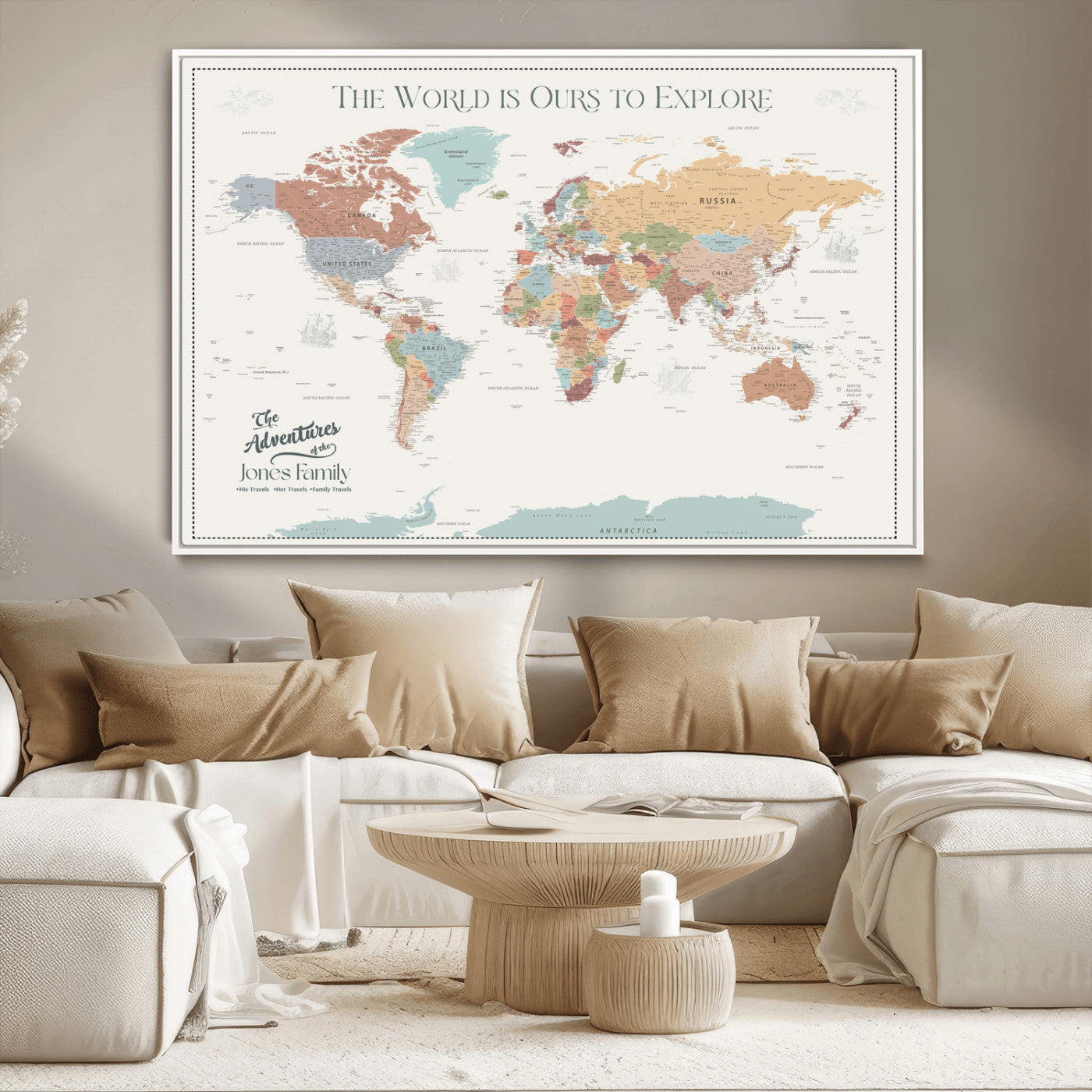 69180591-MGV-FC-36X24_White-Personalized World Map Wall Art – Rustic Vintage Adventure Travel Map with Custom Family Names, Unique Wall Decor for Couples,