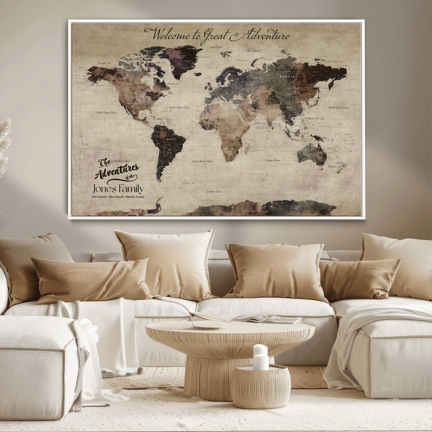 78610079-MGV-CV-36X24-Personalized World Map Wall Art – Vintage Rustic Travel Map with Custom Family Name, Adventure Wall Decor for Home, Family Gift or