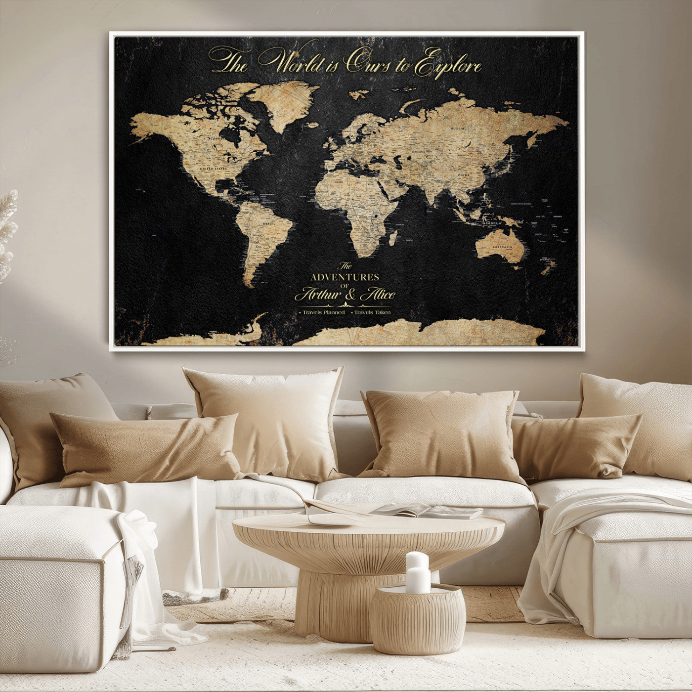 98947257-MGV-CV-36X24-Personalized World Map Wall Art – Vintage Black Adventure Travel Map with Custom Names, Elegant Push Pin Canvas for Couples Home