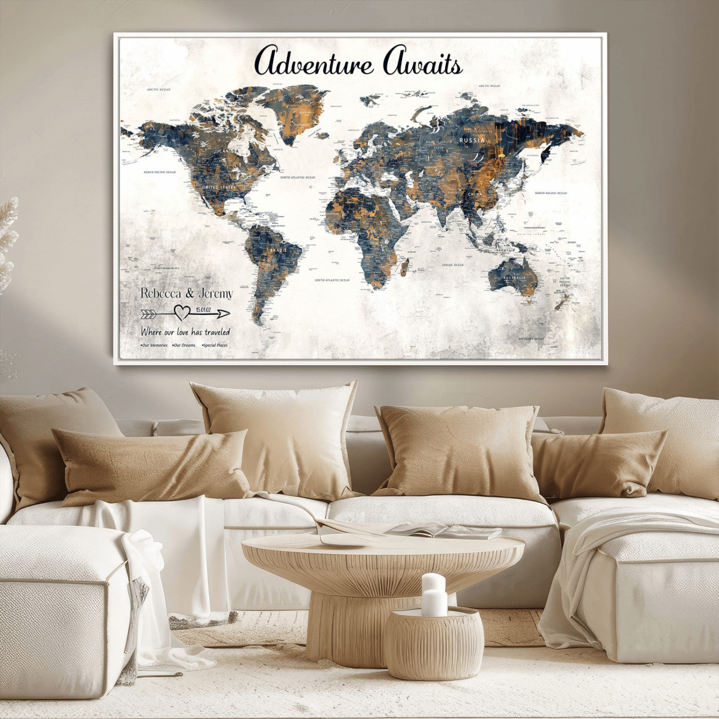 11751559-MGV-CV-36X24-Personalized World Map Wall Art – Elegant Adventure Travel Tracker Map for Couples & Families, Push Pin Canvas Poster Decor for Home, Office