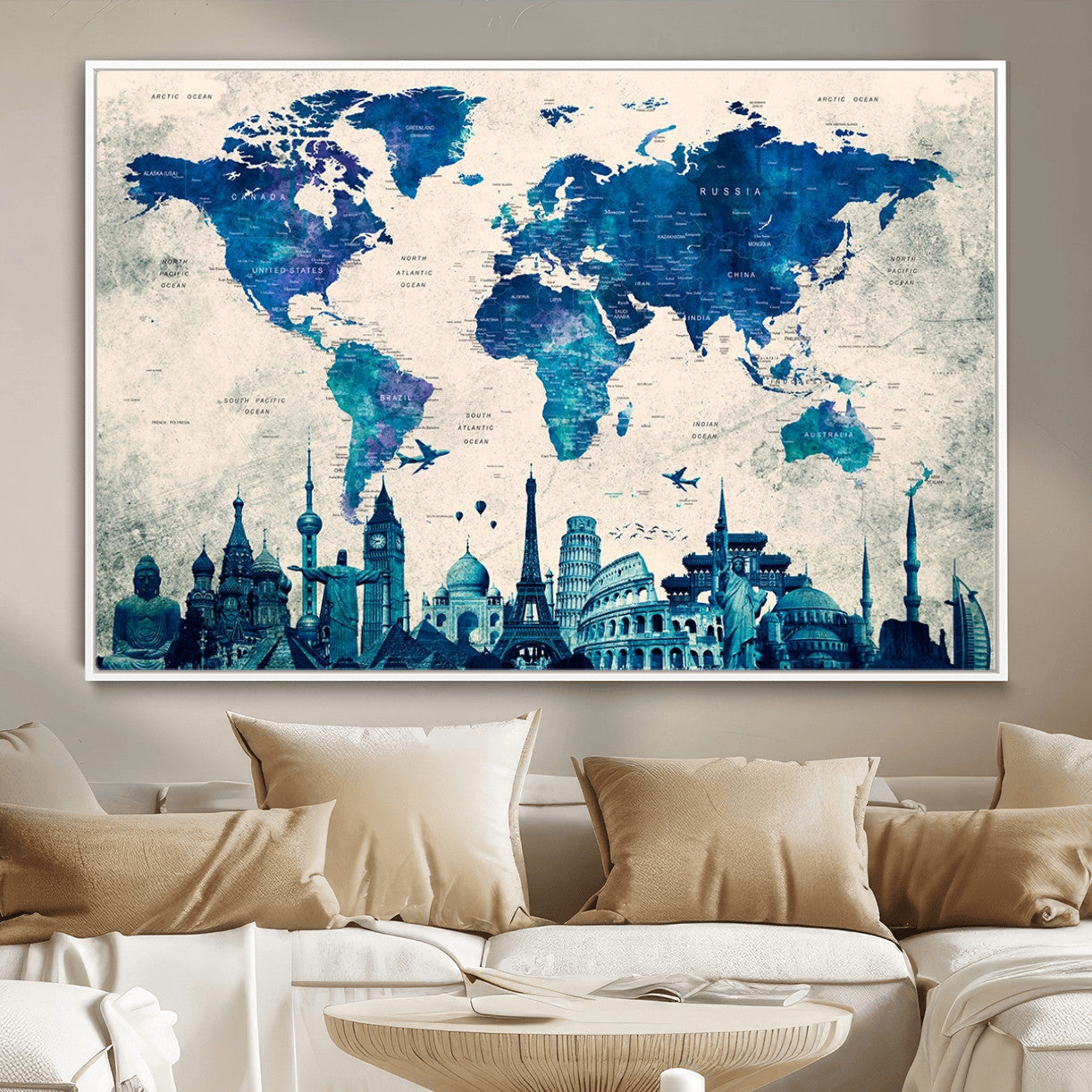MGV-FC-36X24 - Blue World Map Wall Art Canvas Print, Framed Iconic Landmarks Art Picture Print, Blue Globe Map Perfect Elegant Explorer Decor Artwork