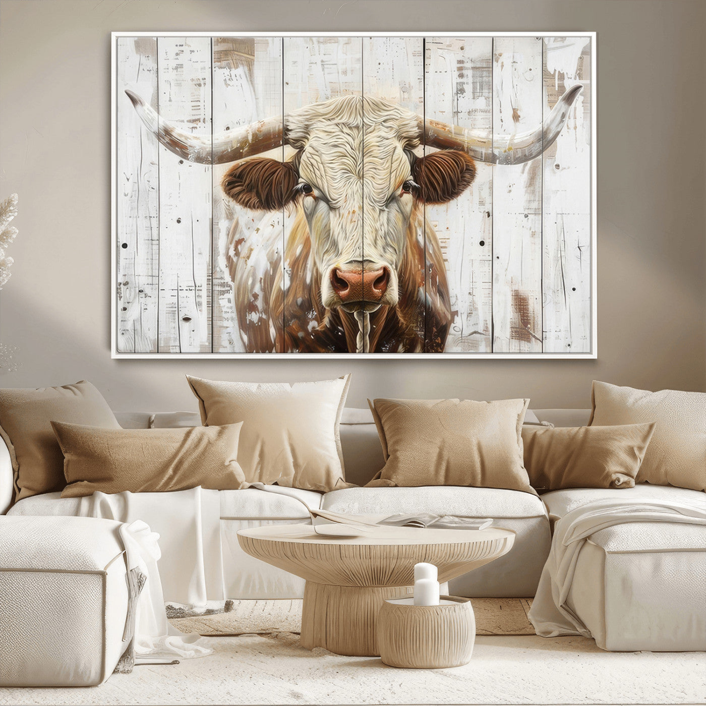 10840-MGV-CV-36X24-Texas Longhorn Wall Art Canvas Print, Framed Rustic Bull Art Picture Print, Western Cattle Perfect Rustic Western Decor Artwork