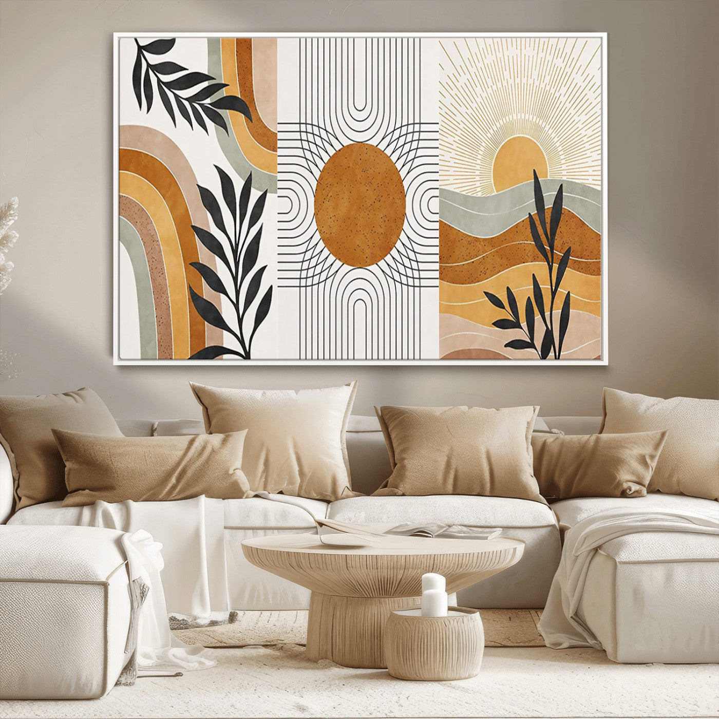 32359-MGV-CV-36X24-Modern Sun Wall Art Canvas Print, Framed Retro Horizon Art Picture Print, Sunburst Design Perfect Mid Century Boho Decor Artwork