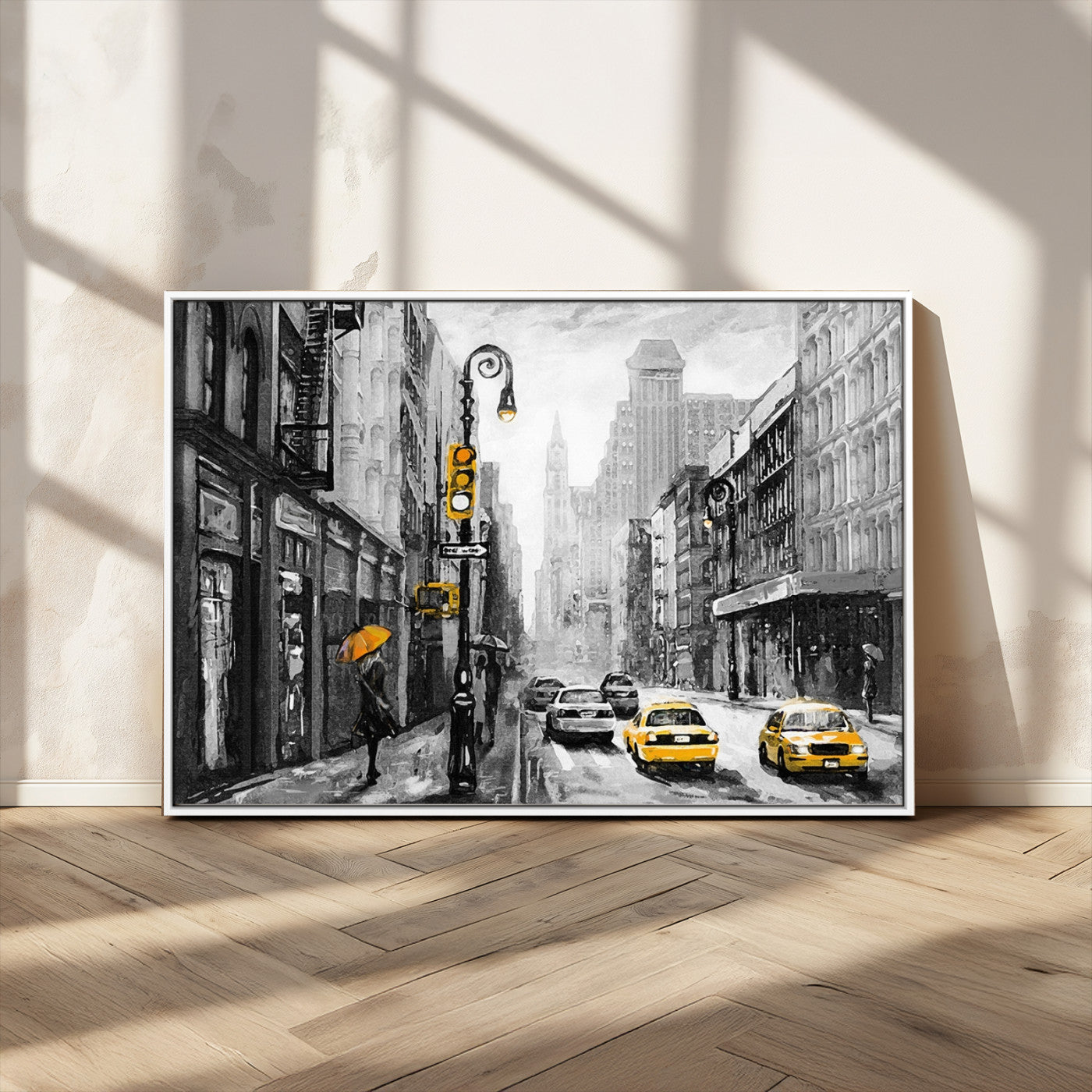 32362-MGV-CV-36X24-NYC Street Wall Art – Black and White Cityscape with Yellow Taxis and Umbrella Canvas Print, Urban Home Decor for Living Room or