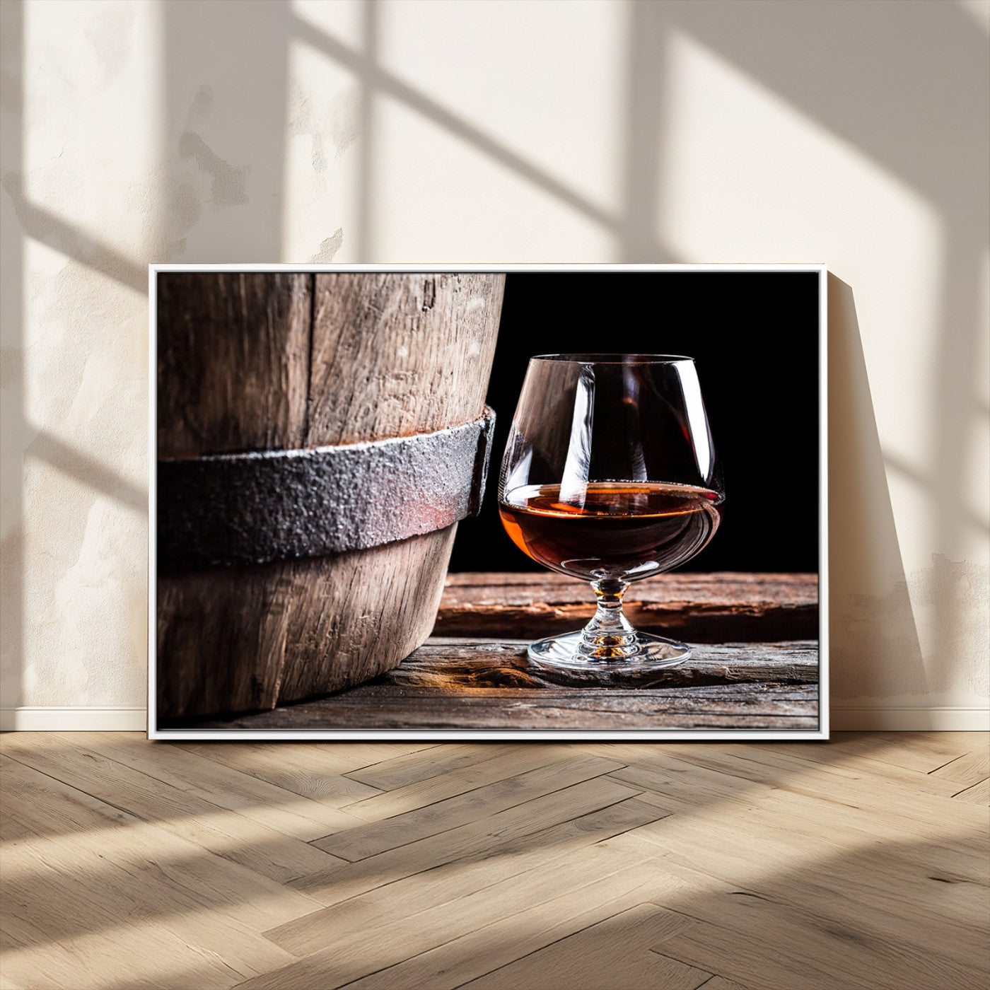 50839-MGV-CV-36X24-Barrel & Brandy Wall Art – Rustic Whiskey Barrel and Brandy Glass Canvas Print, Elegant Home Bar or Lounge Decor for Office, Man