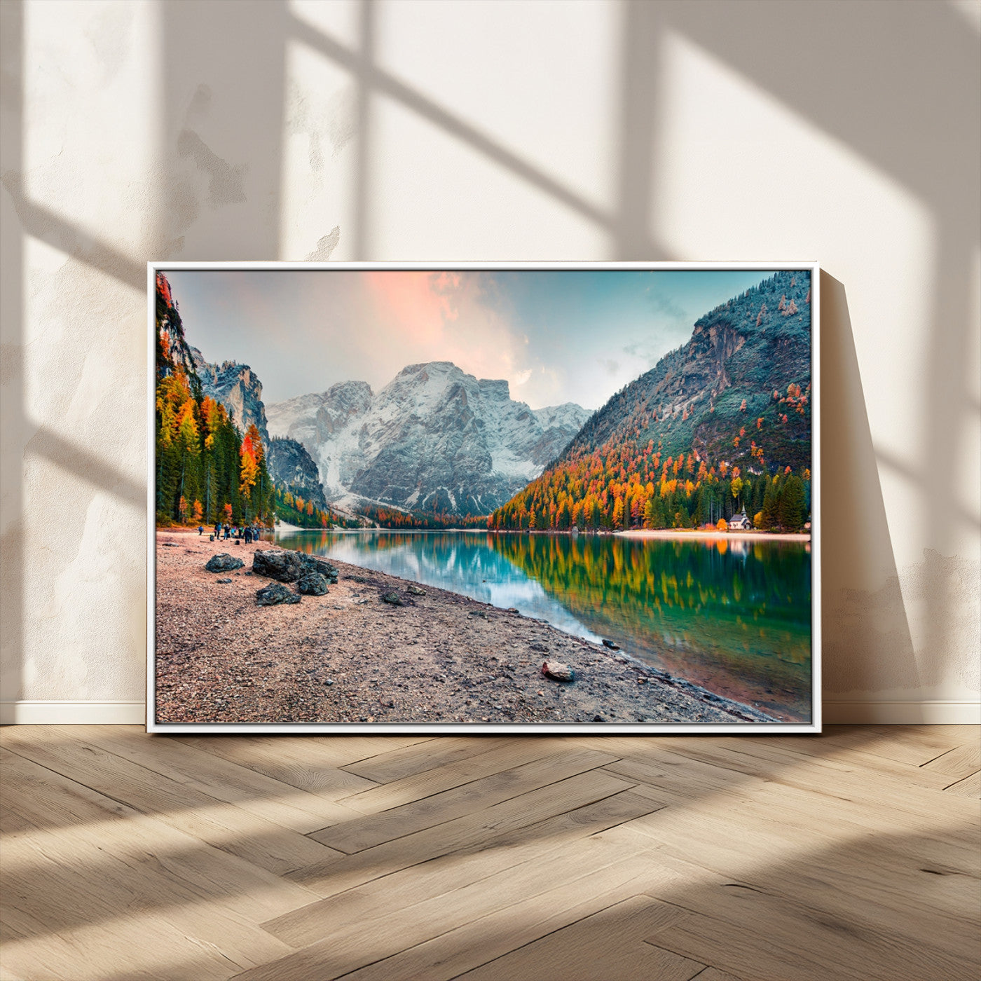 25982-MGV-CV-36X24-Autumn Mountain Lake Wall Art – Panoramic Fall Foliage and Snowy Peaks Canvas Print, Scenic Nature Decor for Living Room or Office