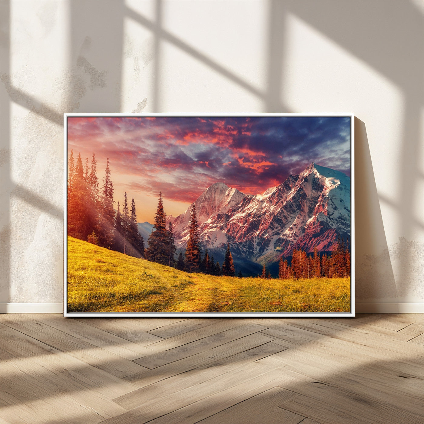 83947-MGV-CV-36X24-Sunset Mountain Landscape Wall Art – Panoramic Alpine Meadow and Snow Capped Peaks Canvas Print, Nature Scenic Decor for Home,