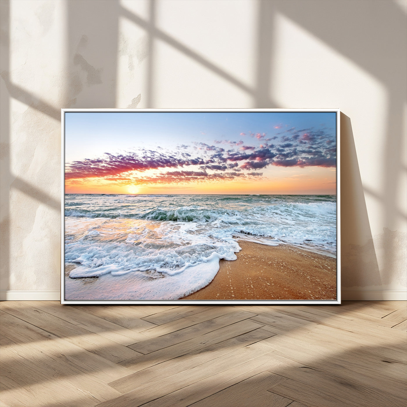 39560-MGV-CV-36X24-Sunrise Beach Wall Art – Vibrant Ocean Waves and Golden Sand Canvas Print, Seaside Coastal Decor for Living Room, Bedroom or