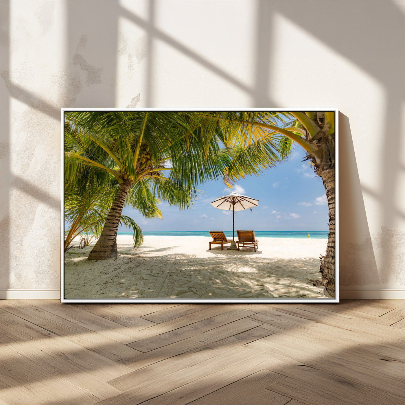 83601-MGV-CV-36X24-Tropical Beach Wall Art – Serene Palm Trees and Lounge Chairs Canvas Print, Relaxing Coastal Decor for Living Room, Bedroom or