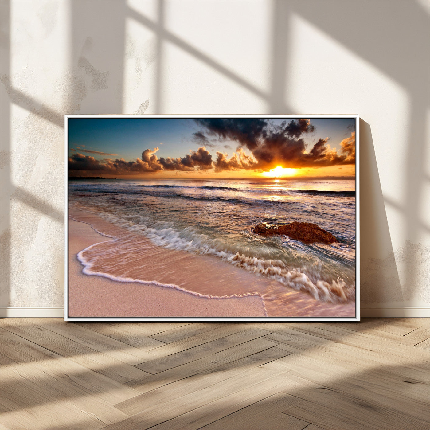 38302-MGV-CV-36X24-Sunset Beach Wall Art – Stunning Ocean Waves and Rock Canvas Print, Warm Coastal Decor for Living Room, Bedroom, Office or Beach