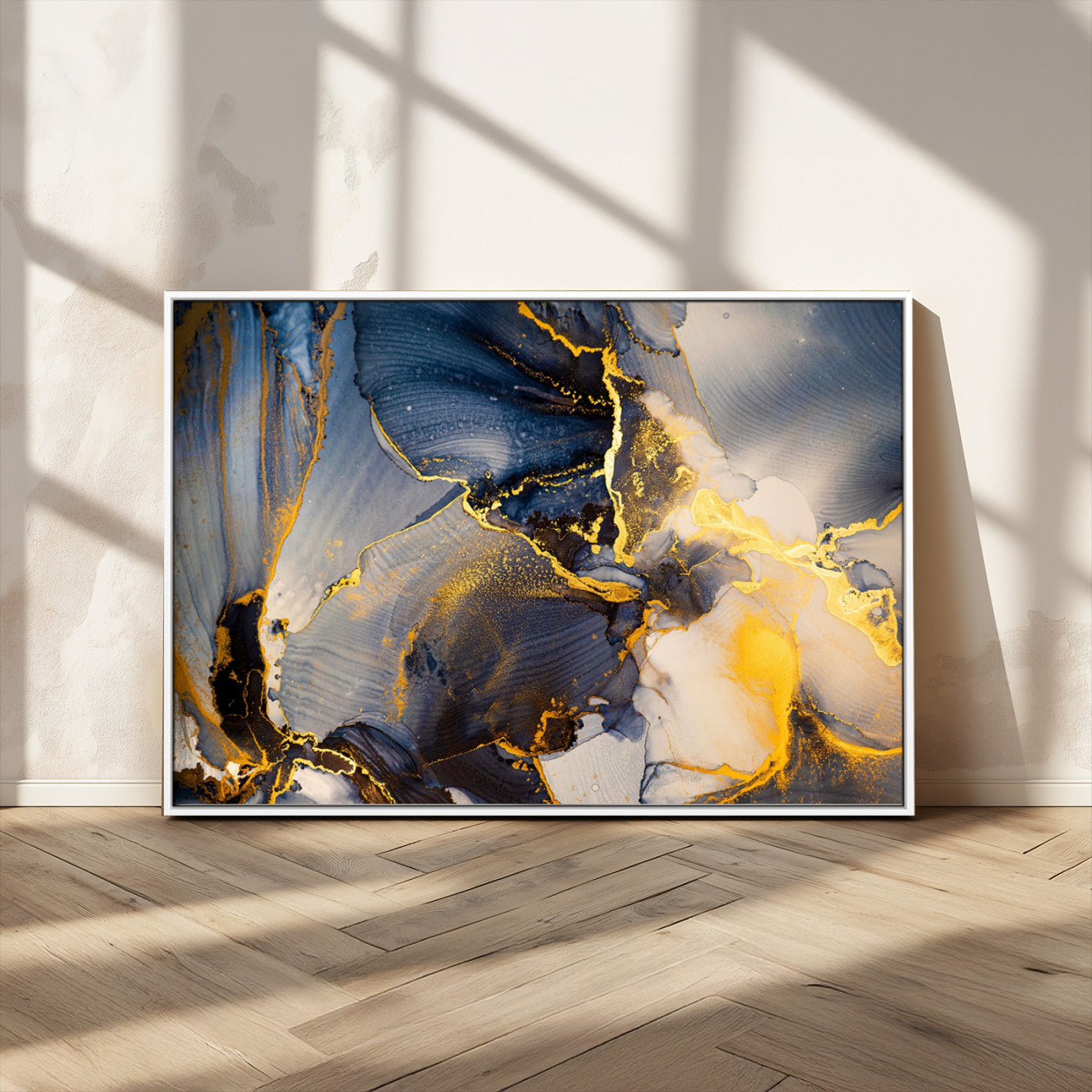 42100-MGV-CV-36X24-Golden Flow Abstract Wall Art – Panoramic Modern Blue and Gold Canvas Print, Contemporary Artistic Decor for Home, Office