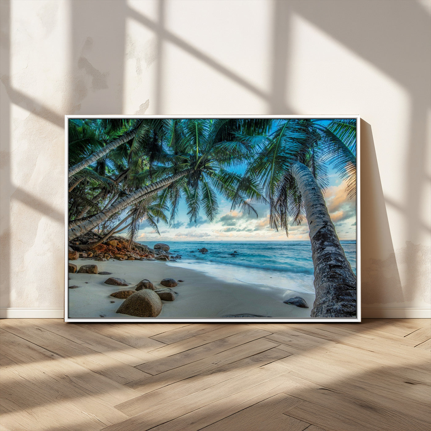 39679-MGV-CV-36X24-Tropical Palm Beach Wall Art – Serene Ocean Canvas Print with Palm Trees and Rocks, Coastal Paradise Decor for Living Room or