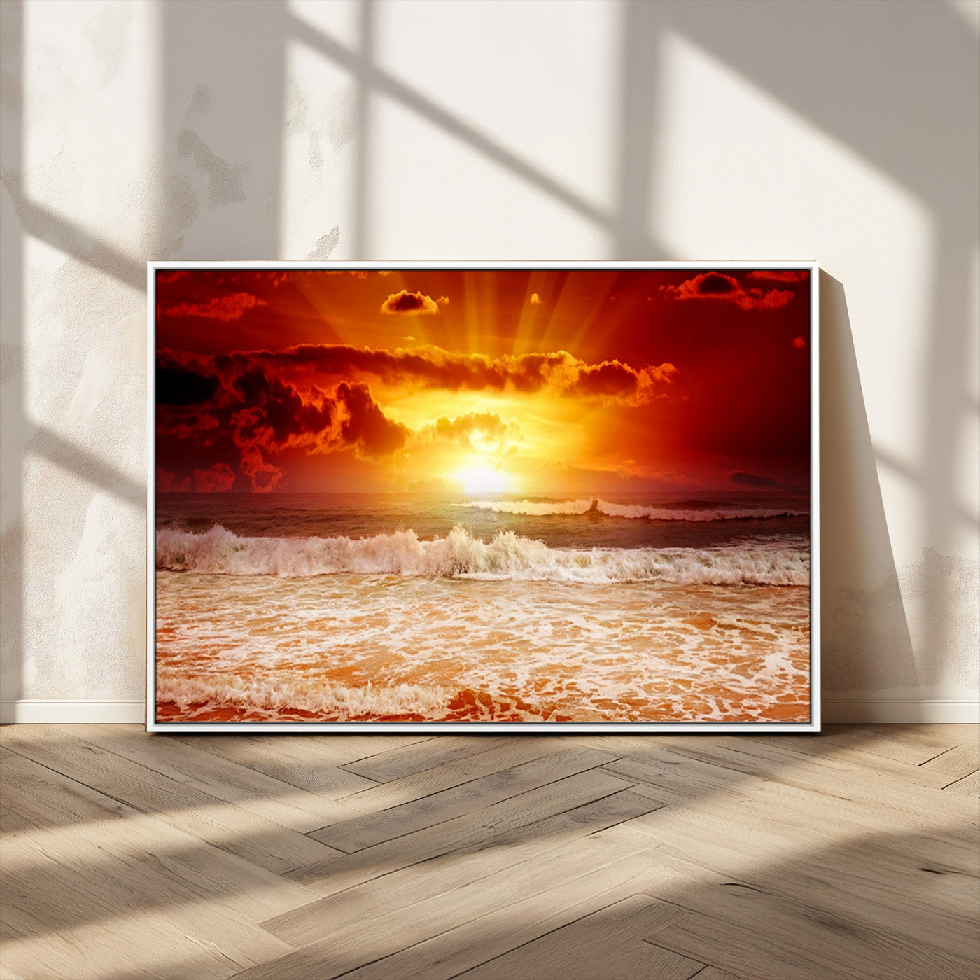 60211-MGV-CV-36X24-Fiery Sunset Ocean Waves Canvas Print – Vibrant Red & Orange Coastal Wall Art, Dramatic Seascape Decor