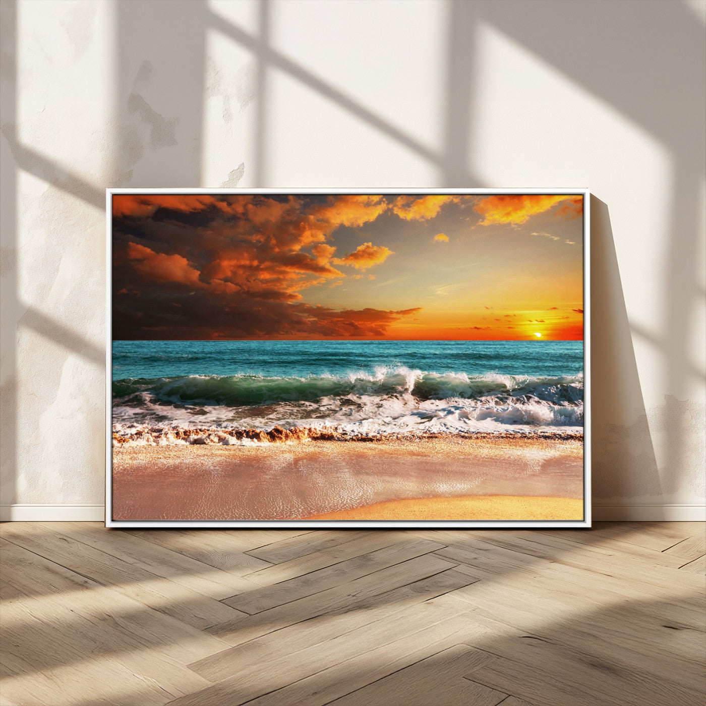 72948-MGV-CV-36X24-Ocean Sunset Wave Wall Art – Dramatic Seascape Canvas Print with Golden Sky and Crashing Waves, Coastal Beach Decor for Living