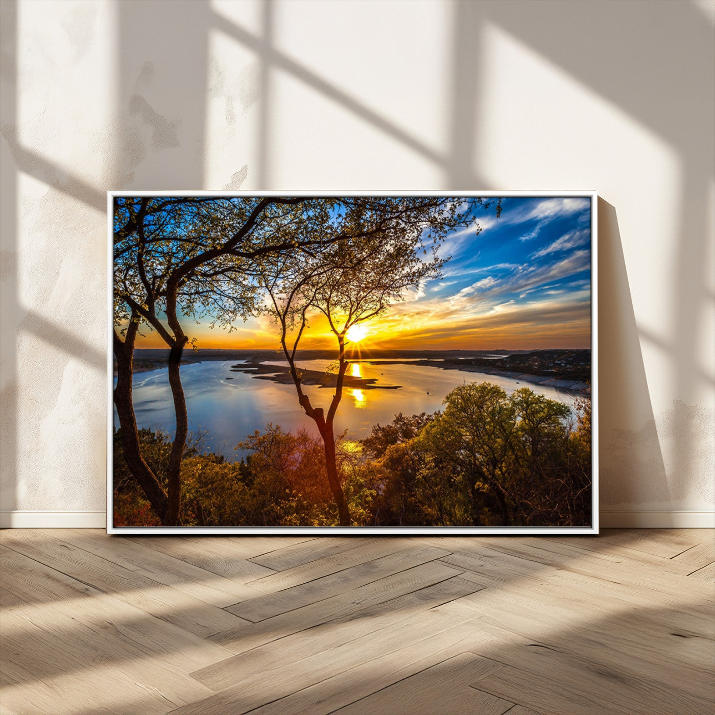 71863-MGV-FC-36X24_White-Lake Sunset Wall Art – Scenic Nature Canvas Print with Trees and Golden Sky, Serene Landscape Decor for Living Room, Bedroom or