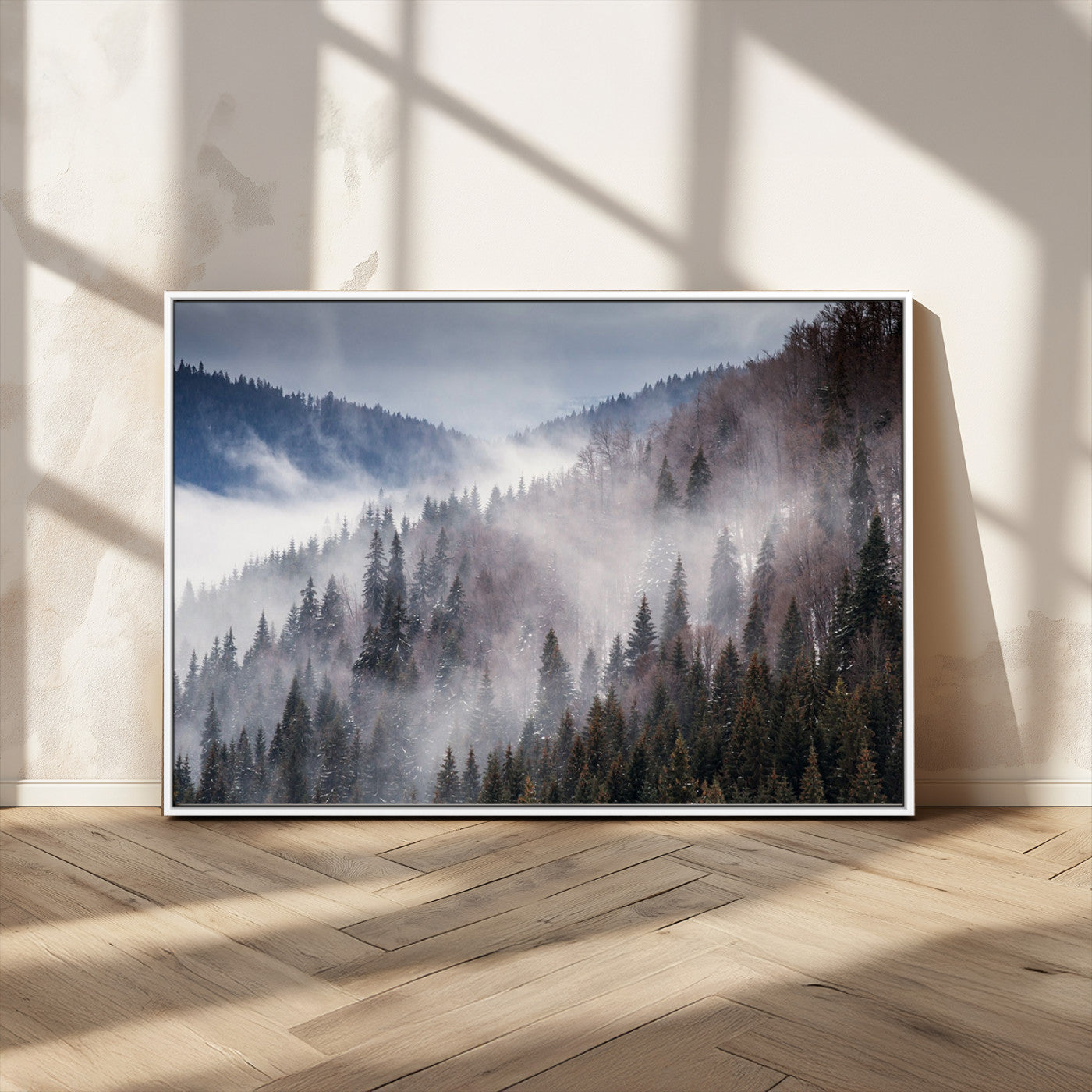 18459-MGV-CV-36X24-Misty Pine Forest Wall Art – Serene Mountain Landscape Canvas Print, Tranquil Nature Artwork for Living Room, Bedroom, Cabin or