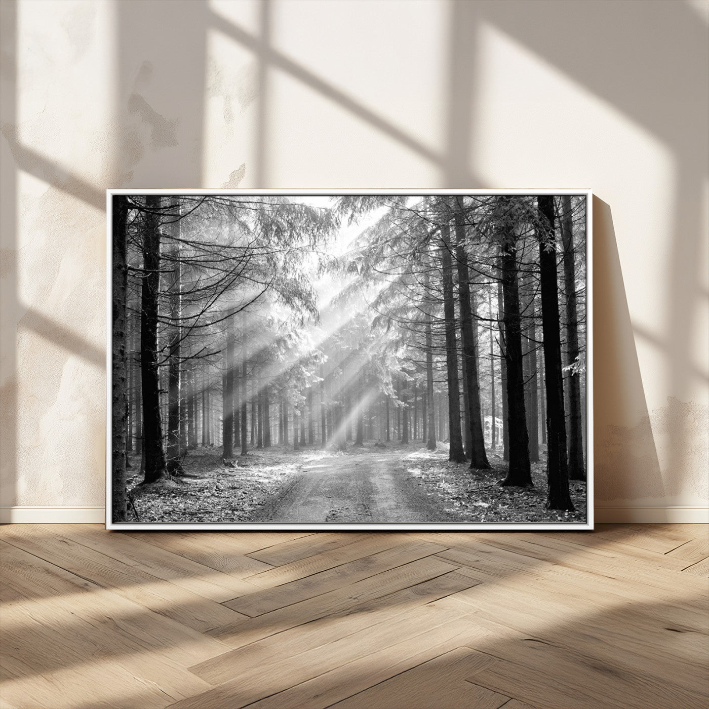 39665-MGV-CV-36X24-Black and White Forest Path Wall Art – Sunlight Rays in Trees Canvas Print, Nature Landscape Decor for Living Room