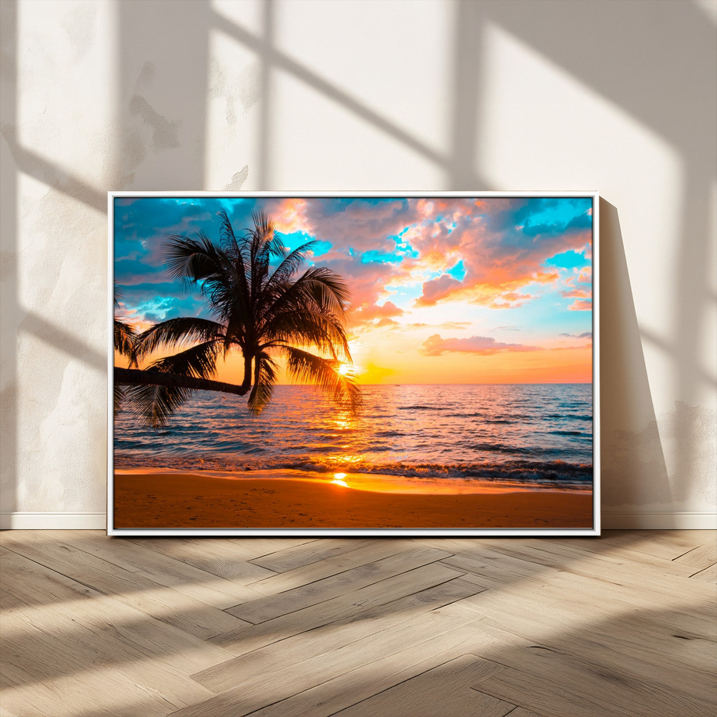 34674-MGV-CV-36X24-Tropical Sunset Beach Wall Art – Palm Tree Ocean Canvas Print, Coastal Seascape Decor for Living Room or Office Wall