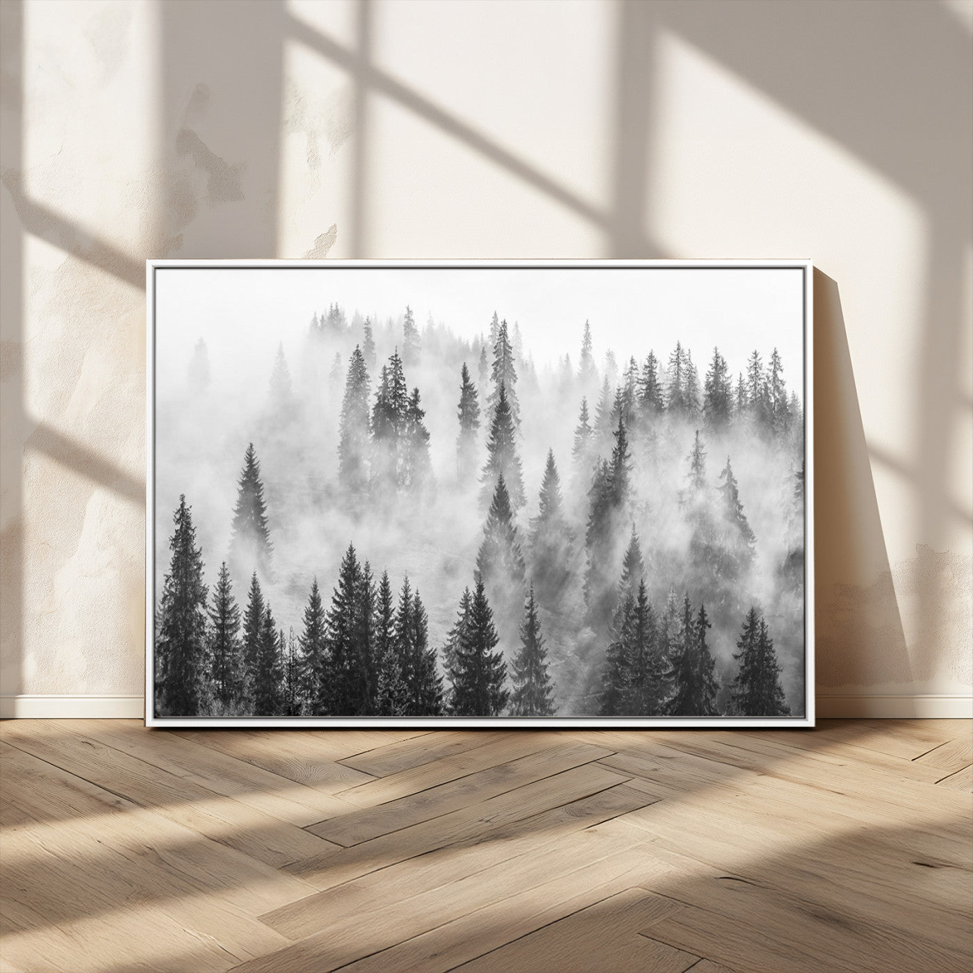 10422-MGV-CV-36X24-Misty Pine Forest Wall Art – Black and White Foggy Landscape Canvas Print, Serene Nature Woodland Decor for Bedroom, Office or