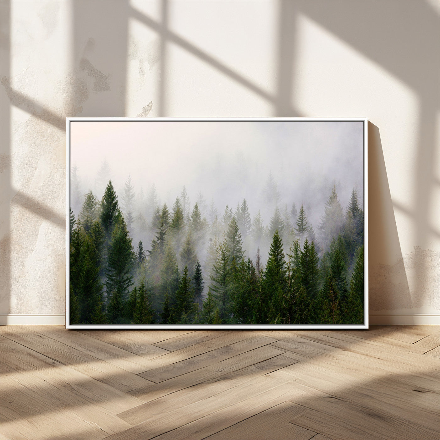 11436-MGV-CV-36X24-Misty Forest Wall Art – Tranquil Evergreen Tree Canvas Print with Foggy Landscape, Nature Inspired Artwork for Bedroom, Living