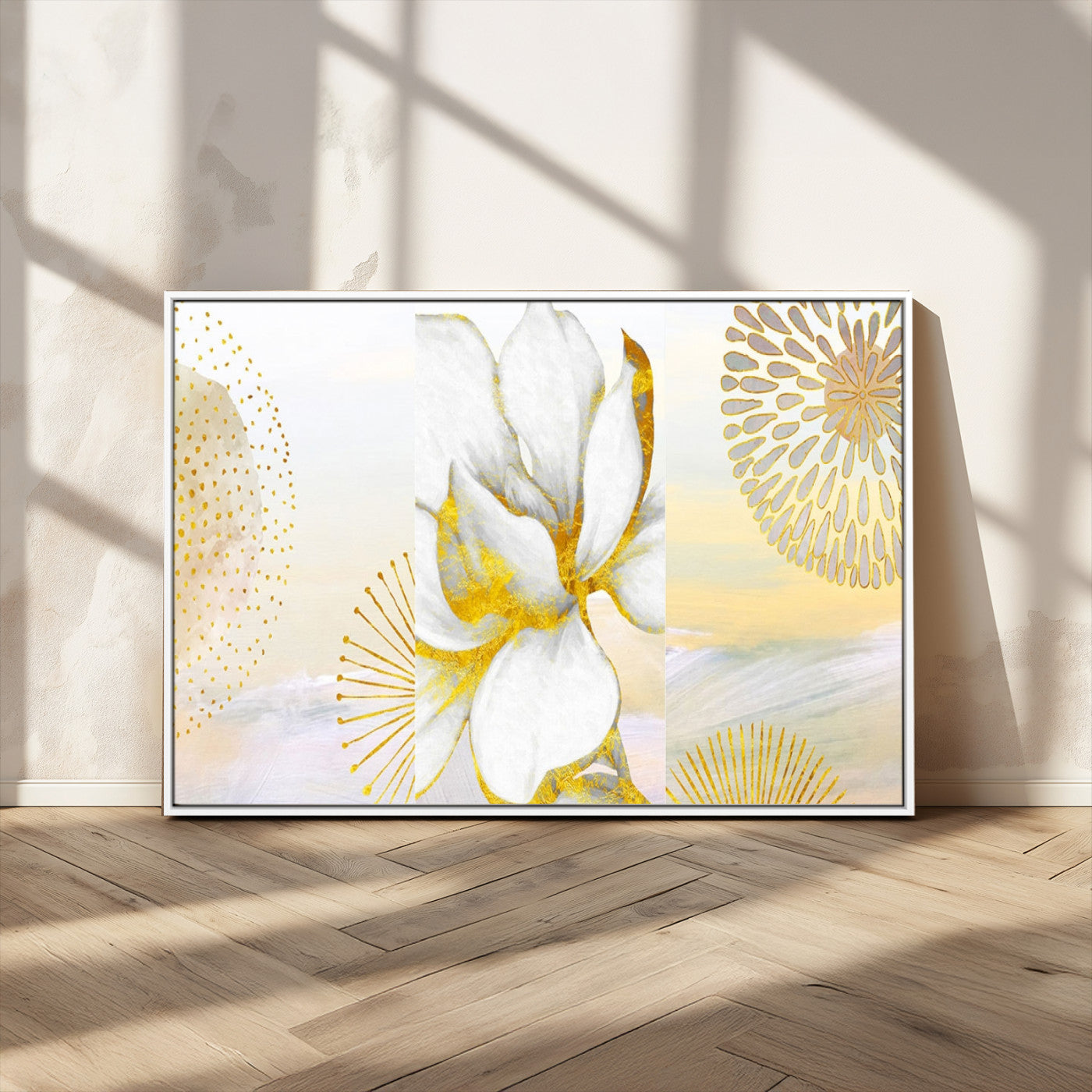 82301-MGV-CV-36X24-Modern Floral Wall Art – White Flower with Gold Detailing Canvas Print, Elegant Abstract Artwork for Living Room, Bedroom, or