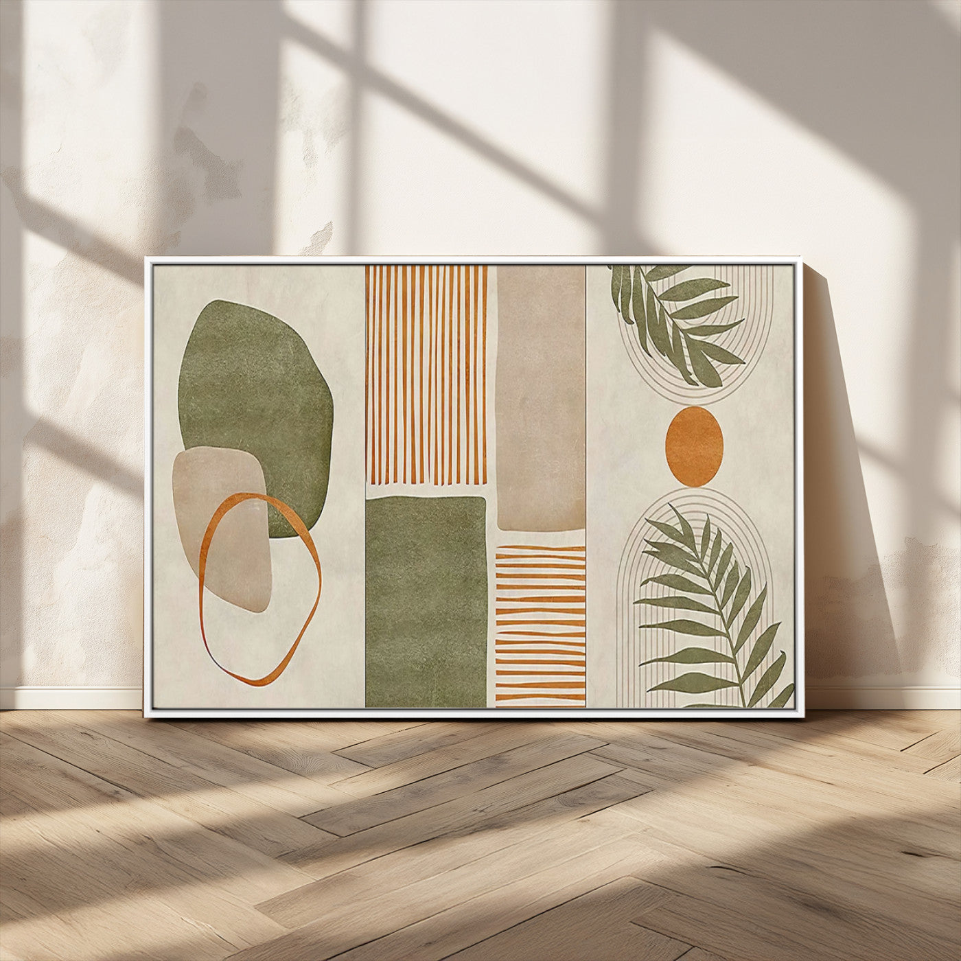 96002-MGV-CV-36X24-Abstract Geometric Wall Art – Modern Canvas Print with Green, Orange & Beige Shapes, Minimalist Home Decor for Living Room, Office