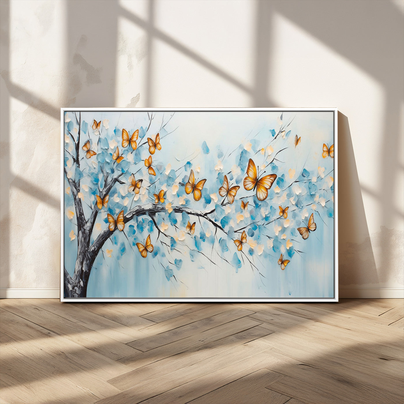 59455-MGV-FC-36X24_White-Butterfly Tree Branch Wall Art – Blue and Yellow Abstract Canvas Print, Modern Nature Artwork for Living Room, Bedroom or Office