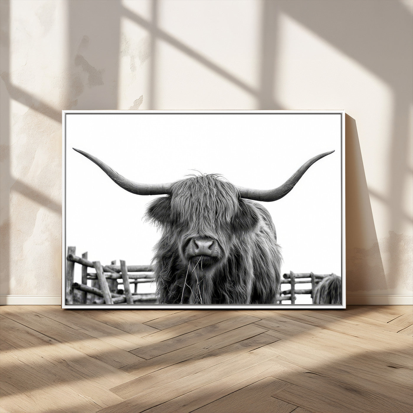 58188-MGV-CV-36X24-Highland Cow Wall Art – Black and White Rustic Farmhouse Canvas Print, Longhorn Cattle Photography Decor for Living Room or