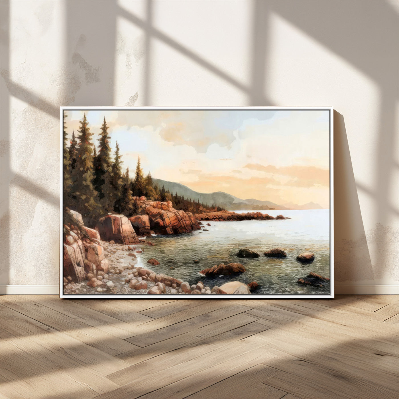 77145-MGV-CV-36X24-Coastal Landscape Wall Art – Panoramic Rocky Shoreline and Pine Trees Canvas Print, Rustic Nature Decor for Cabin, Lodge, Office,