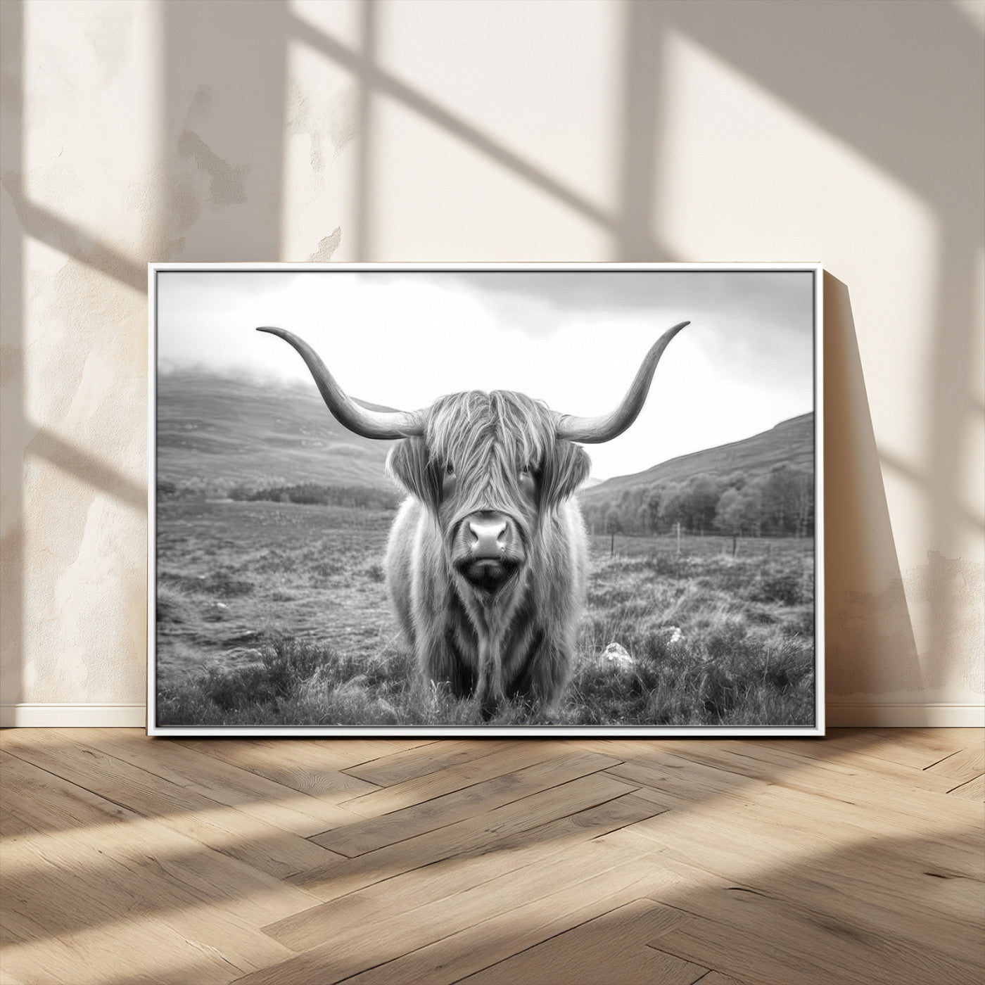 52903-MGV-CV-36X24-Highland Cow Wall Art – Black and White Canvas Print Rustic Cattle Portrait, Farmhouse Country Decor for Living Room, Office,