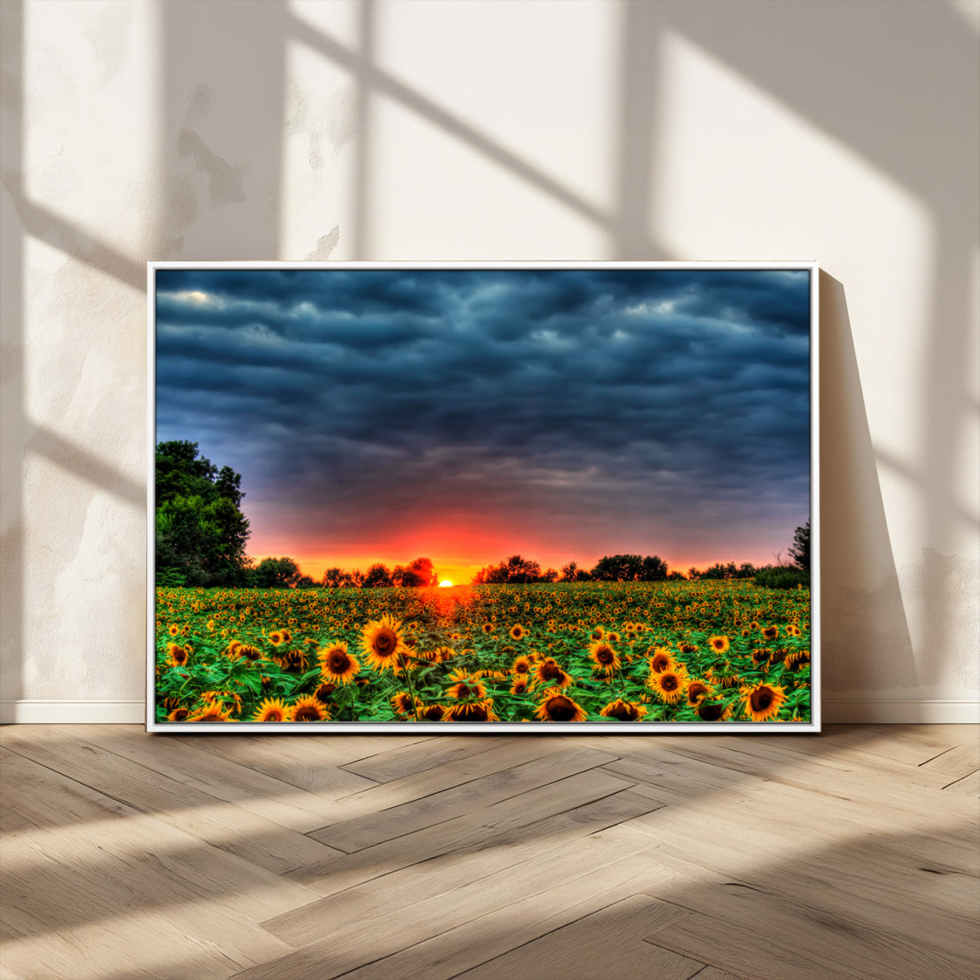 45045-MGV-CV-36X24-Sunflower Field Sunset Wall Art – Dramatic Stormy Sky Landscape Print, Vibrant Yellow Floral Nature Canvas for Living Room,