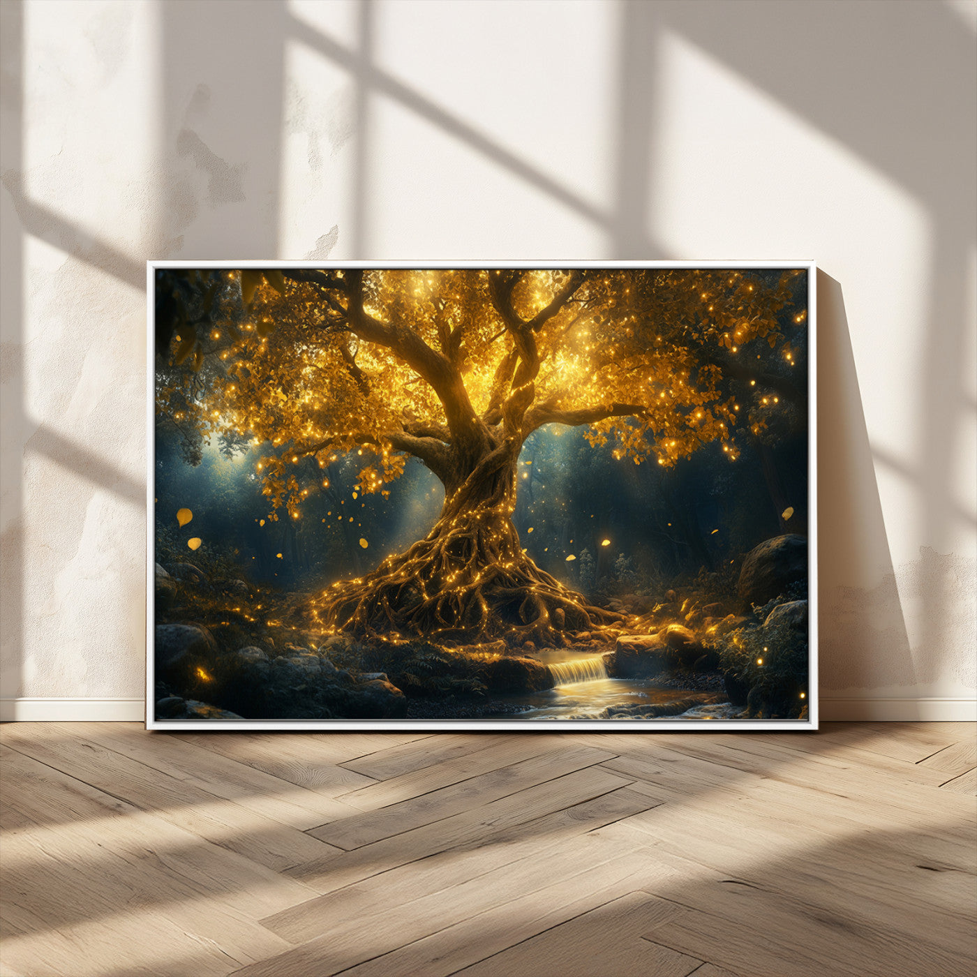 92739-MGV-CV-36X24-Glowing Tree Wall Art – Enchanted Golden Forest Canvas Print, Mystical Illuminated Nature Painting Poster for Living Room,