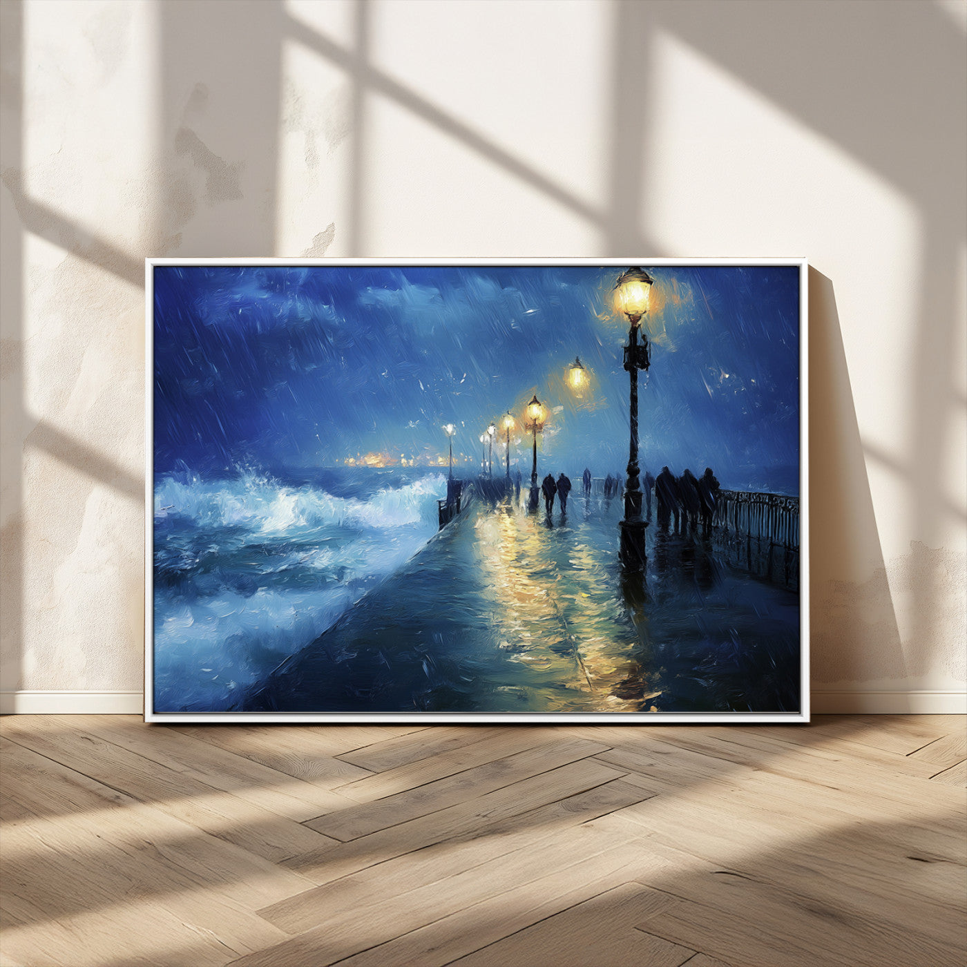 94571-MGV-CV-36X24-Seaside Night Wall Art – Ocean Waves and Street Lamps Canvas Print, Rainy City Pier Oil Painting Poster for Living Room, Bedroom,