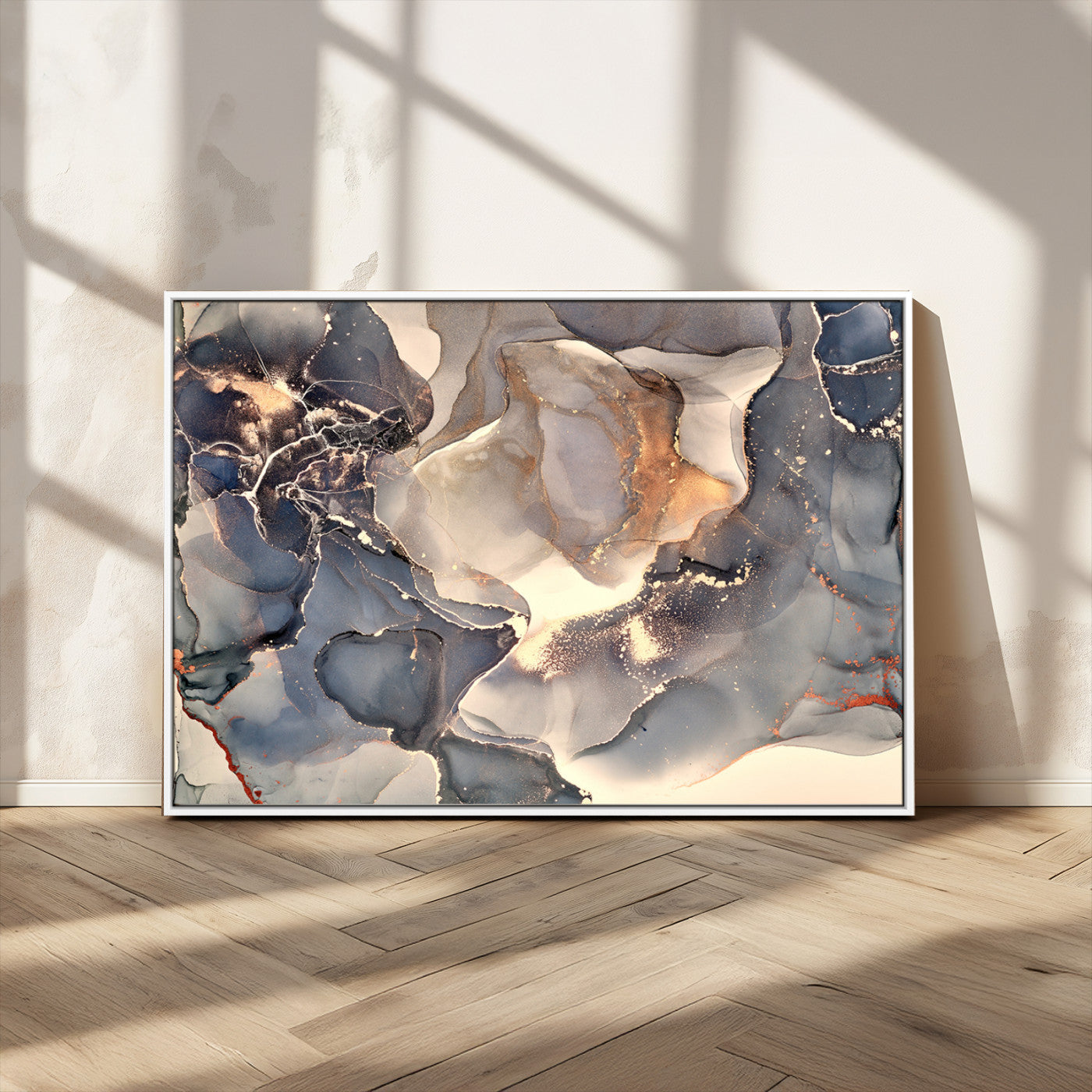 18202-MGV-CV-36X24-Abstract Neutral Wall Art – Blue, Beige and Gold Fluid Ink Canvas Print, Modern Minimalist Painting for Living Room, Office