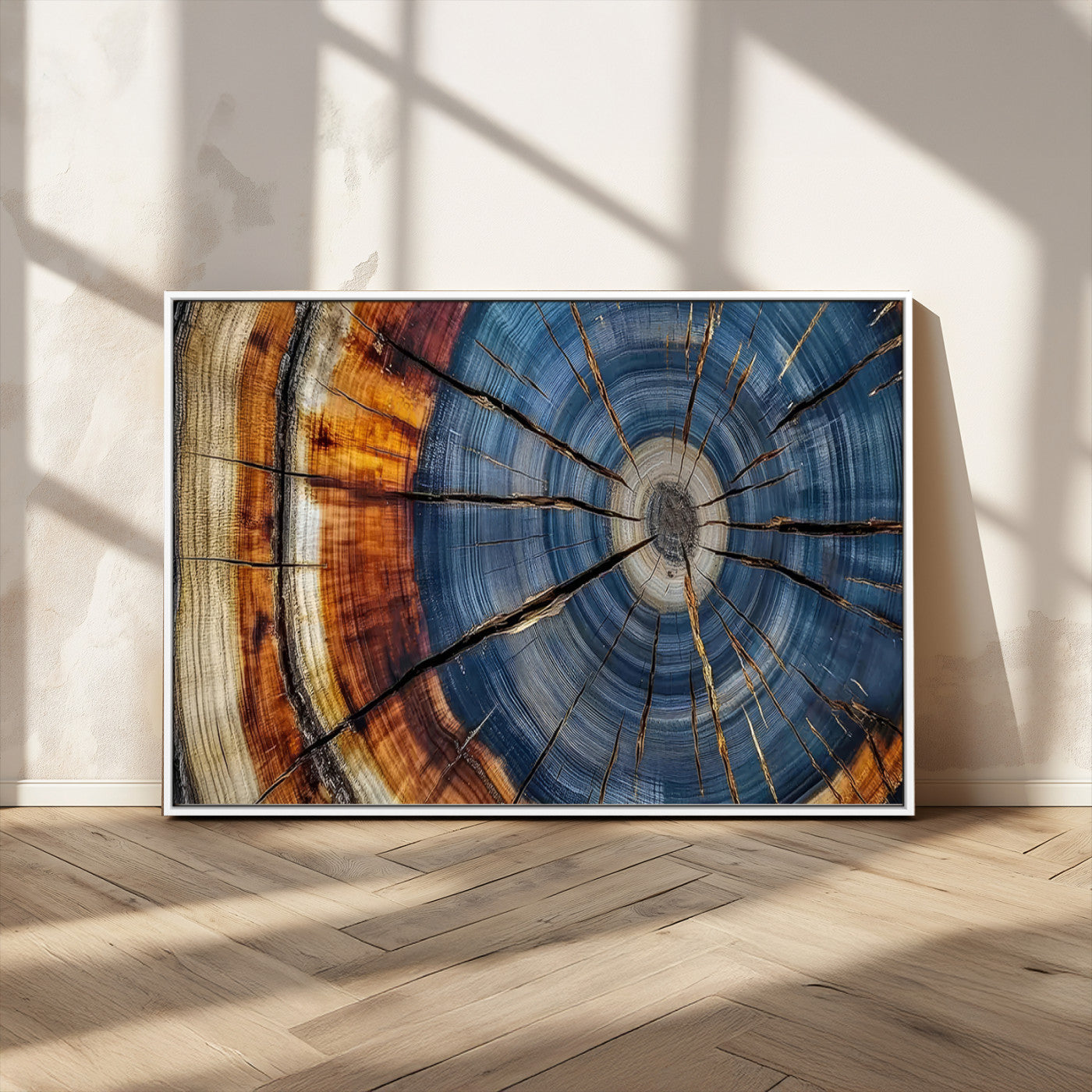 10583-MGV-CV-36X24-Tree Ring Wall Art – Abstract Wood Grain Canvas Print with Blue and Brown Tones, Nature Inspired Rustic Artwork for Living Room,