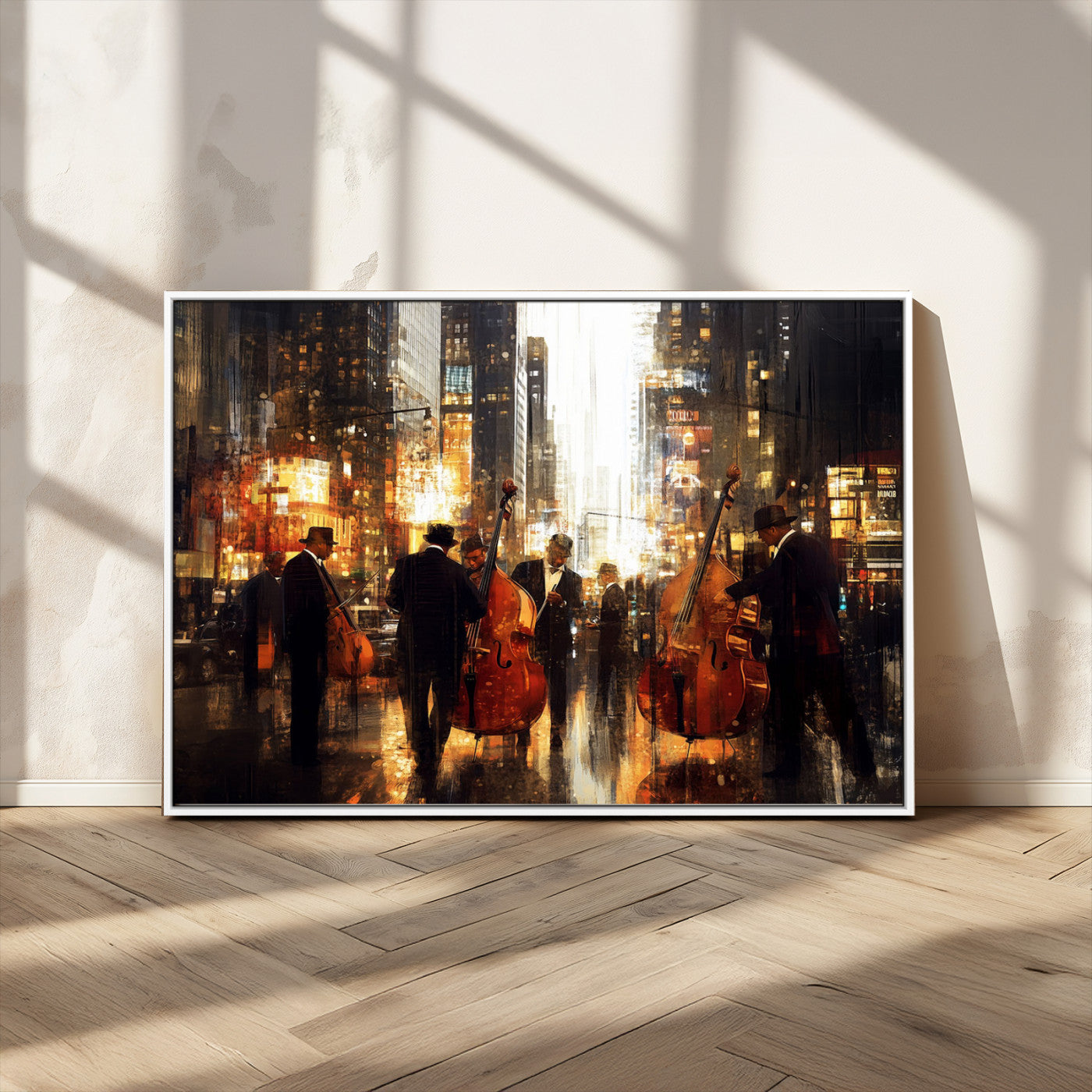 58782-MGV-CV-36X24-Jazz Musicians Cityscape Wall Art – Vibrant Urban Night Canvas Print, Elegant Music Themed Decor for Living Room, Office, or Music