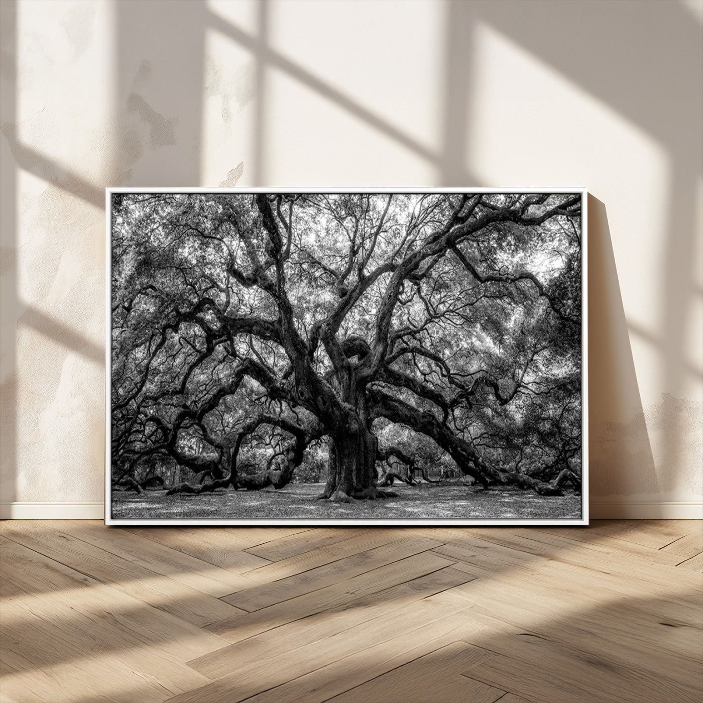 132944706-MGV-CV-36X24-Ancient Tree Wall Art – Black and White Photography Canvas Print Featuring Majestic Twisting Branches, Rustic Nature Artwork for