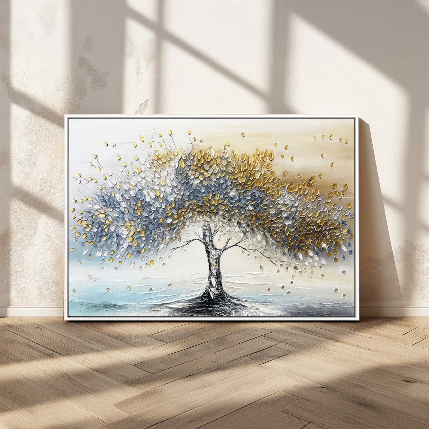 24771-MGV-CV-36X24-Silver Tree Wall Art Canvas Print, Framed Golden Leaves Art Picture Print, Metallic Tree Perfect Minimalist Luxury Decor Artwork