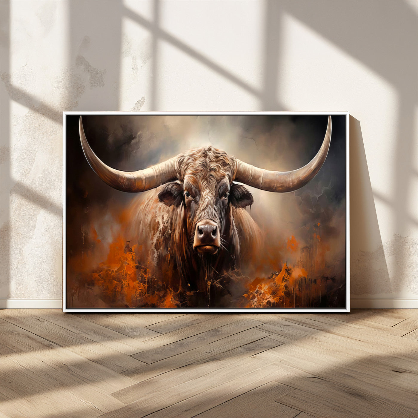 240479-MGV-CV-36X24-Longhorn Bull Wall Art – Dramatic Western Canvas Print Featuring Horned Bull with Fiery Background, Rustic Farmhouse Artwork for