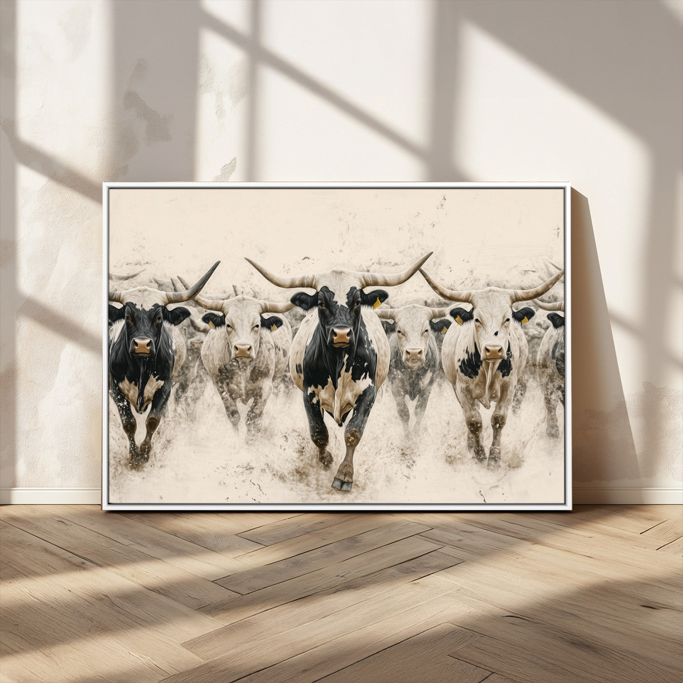 61538944-MGV-CV-36X24-Texas Longhorn Wall Art Canvas Print, Framed Cattles Walking Art Picture Print, Black White Bulls Perfect Rustic Western Decor