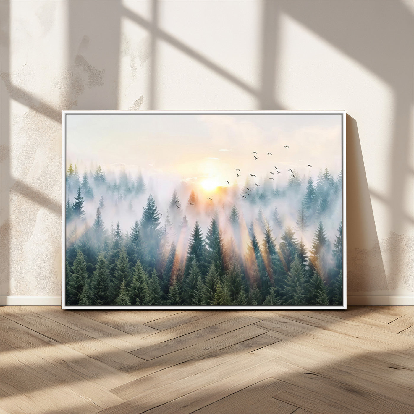 92718976-MGV-CV-36X24-Misty Forest Wall Art Canvas Print, Framed Sunrise Pines Art Picture Print, Foggy Woodland Perfect Moody Woodland Decor Artwork