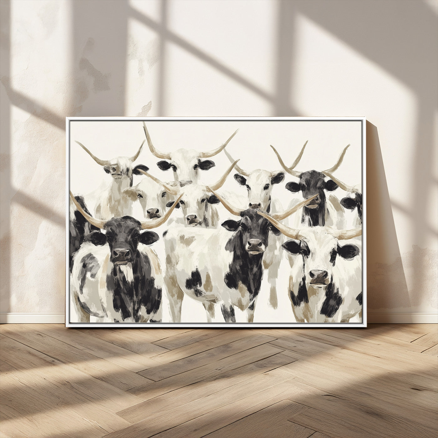 52947970-MGV-CV-36X24-Texas Longhorn Wall Art Canvas Print, Framed Cattle Herd Art Picture Print, Herd Portrait Perfect Modern Farmhouse Decor Artwork