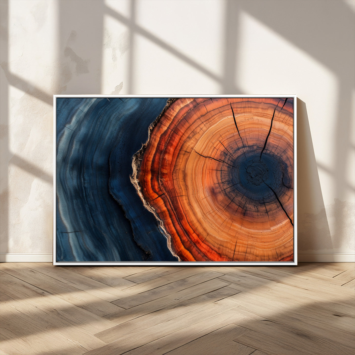 57732250-MGV-FC-36X24_White-Tree Ring Abstract Wall Art – Blue Orange Wood Grain Canvas Print, Modern Rustic Nature Artwork for Living Room, Office,