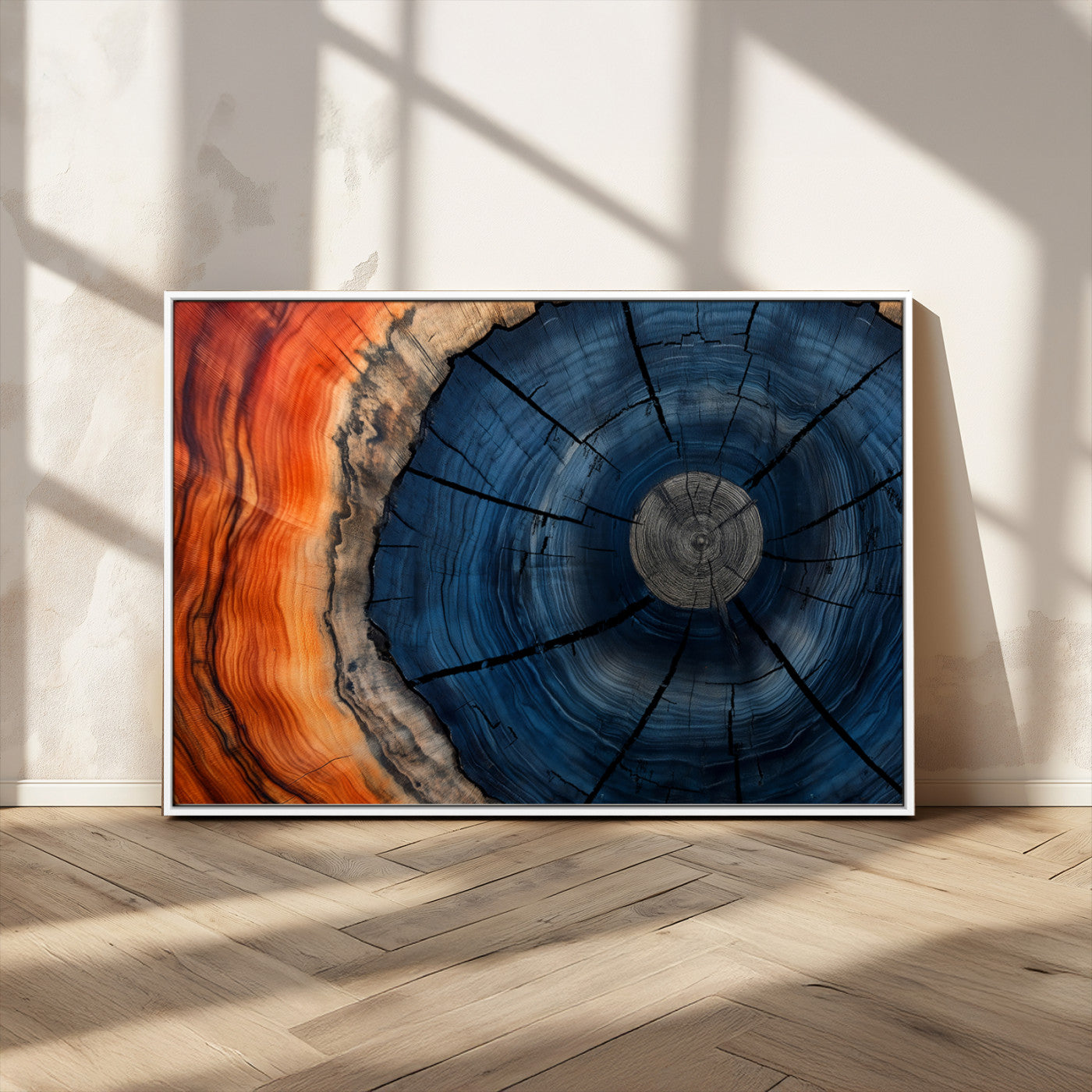 26110607-MGV-CV-36X24-Rustic Tree Ring Wall Art – Natural Wood Texture Canvas Print, Farmhouse Log Cabin Decor, Framed Abstract Tree Stump for Living