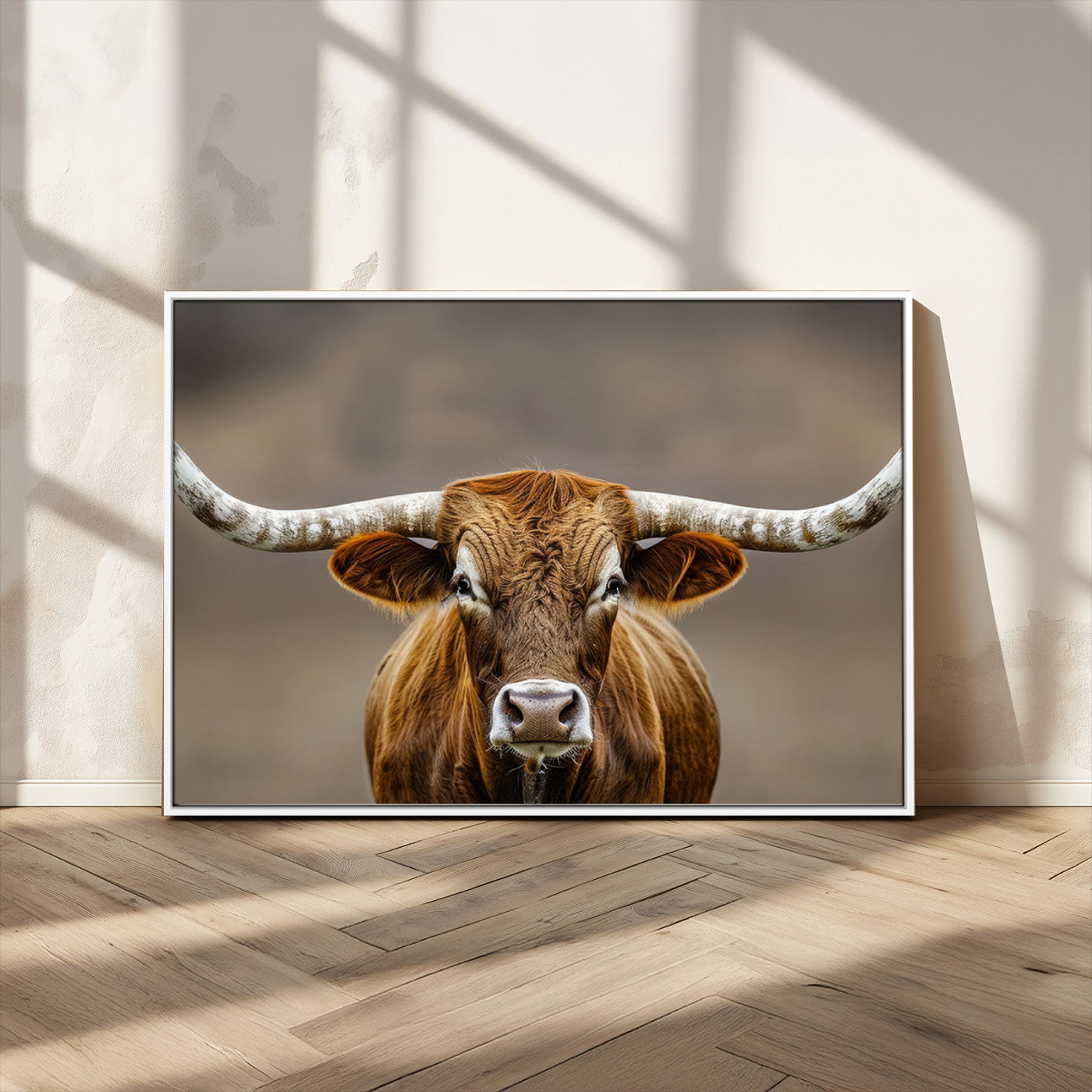12179171-MGV-FC-36X24_White-Texas Longhorn Wall Art Canvas Print, Framed Brown Bull Art Picture Print, Lone Cattle Perfect Rustic Western Decor Artwork