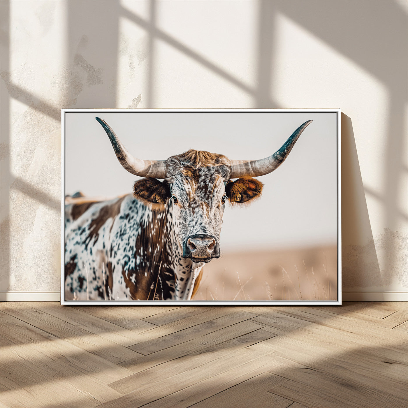 70414966-MGV-CV-36X24-Texas Longhorn Wall Art Canvas Print, Framed Speckled Cow Art Picture Print, Horned Bull Perfect Rustic Western Decor Artwork
