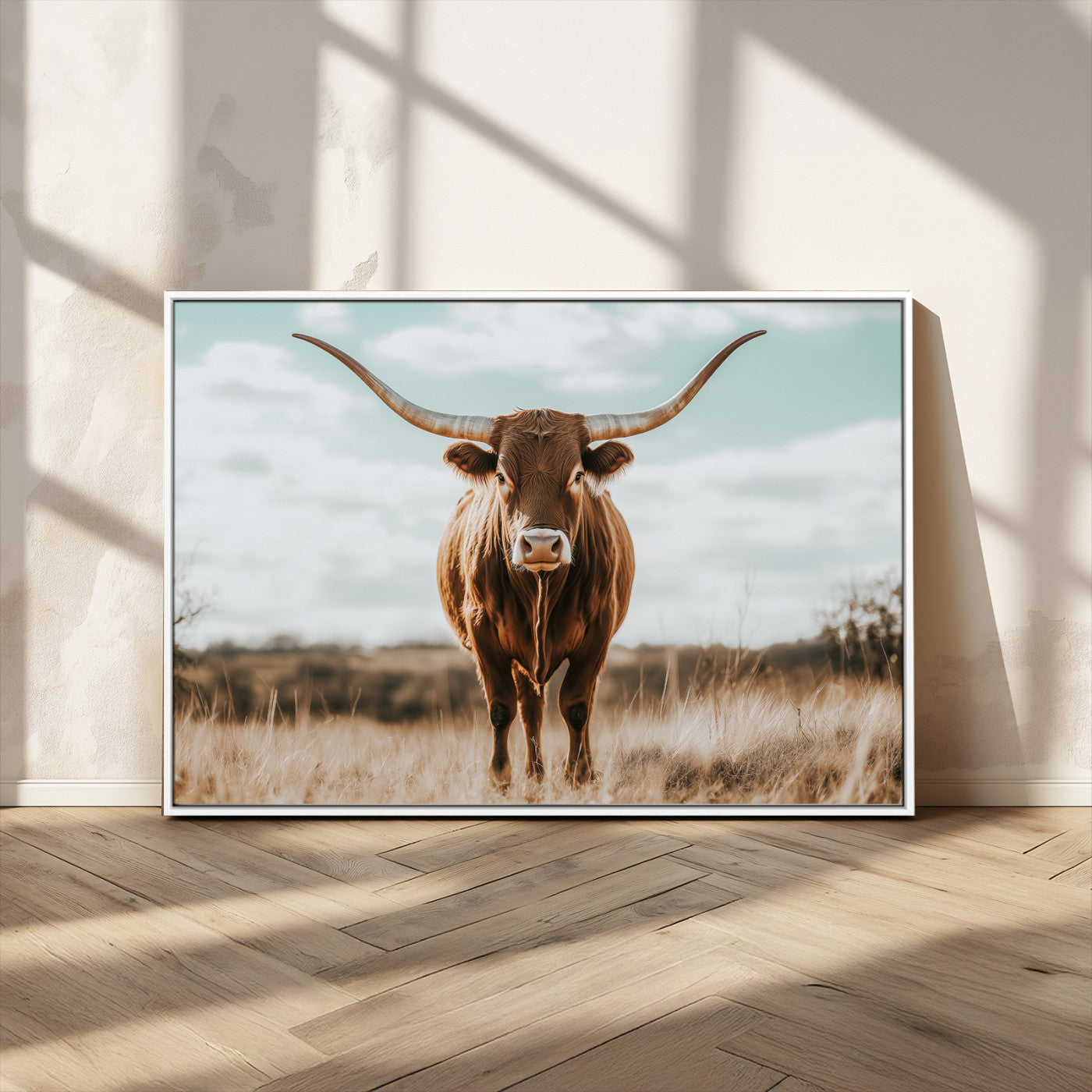 39350715-MGV-CV-36X24-Texas Longhorn Wall Art Canvas Print, Framed Longhorn Cow Art Picture Print, Western Cattle Perfect Rustic Western Decor Artwork